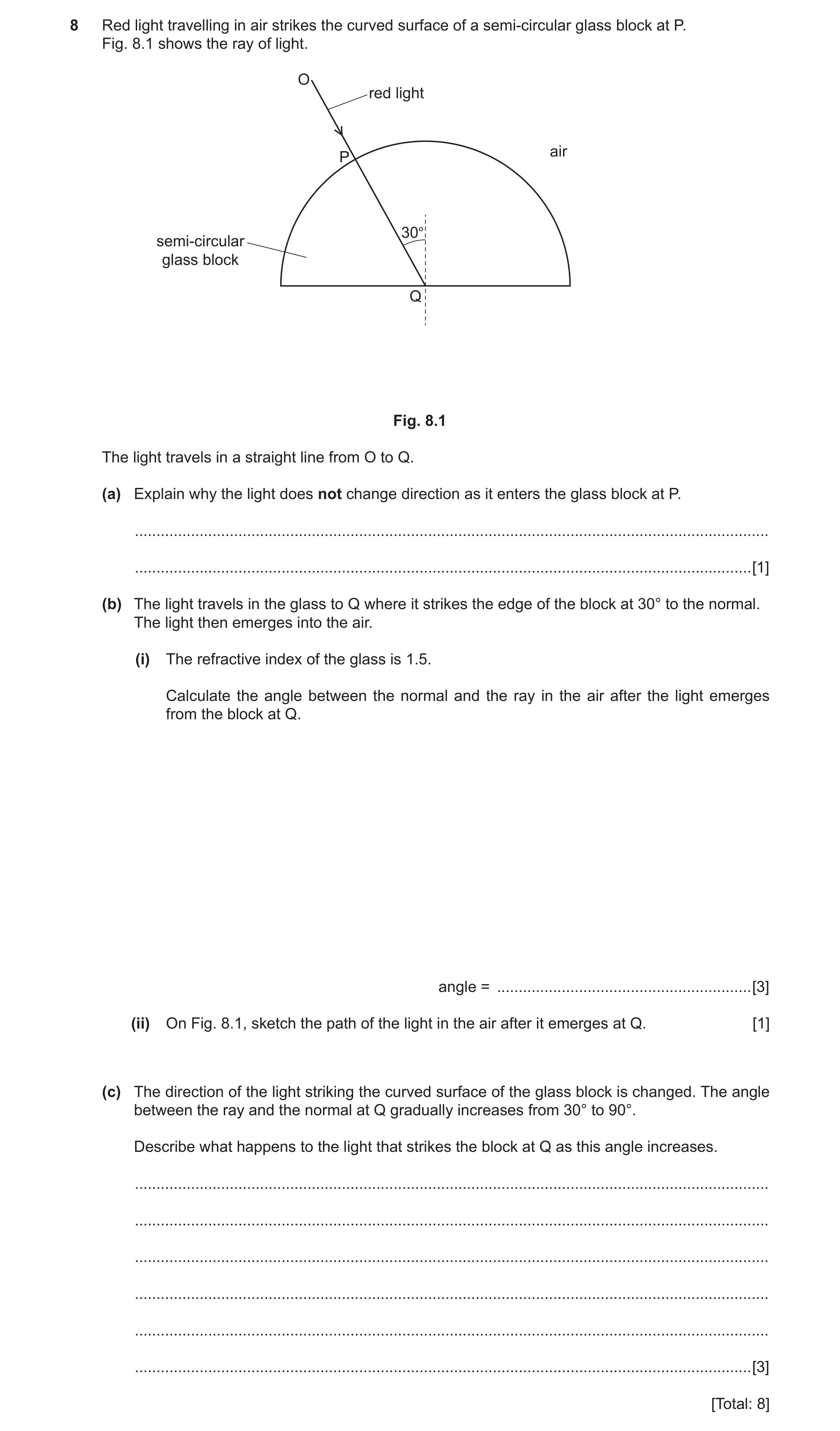 Question 3: Red light travelling in air strikes the curved surface of a semi-circular glass block at P. Fig. 8.1 shows the ray of light. O red light ai…