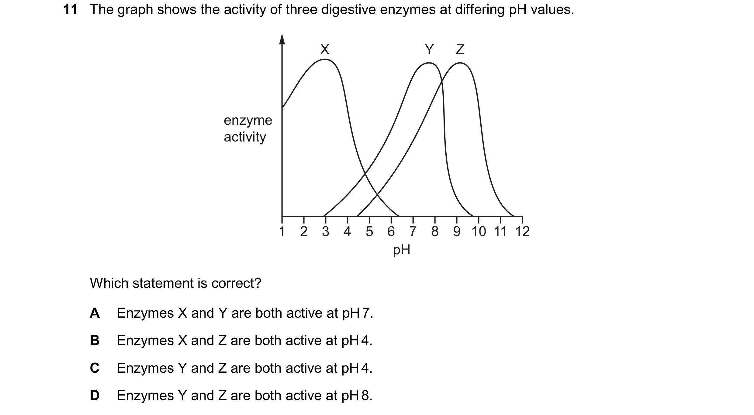 Question 32: The graph shows the activity of three digestive enzymes at differing pH values. X Y Z enzyme activity 1 2 3 4 5 6 7 8 9 10 11 12 pH Which s…