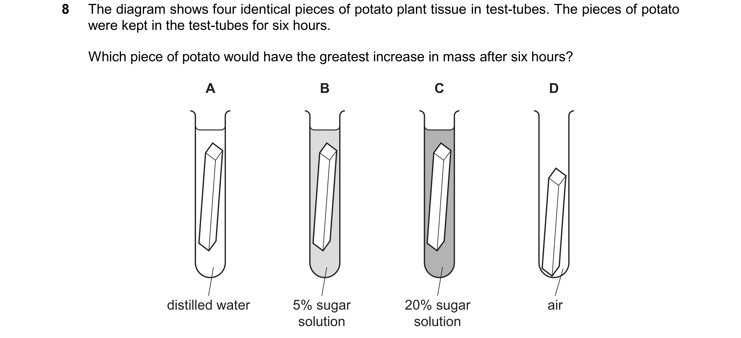 Question 18: The diagram shows four identical pieces of potato plant tissue in test-tubes. The pieces of potato were kept in the test-tubes for six hour…