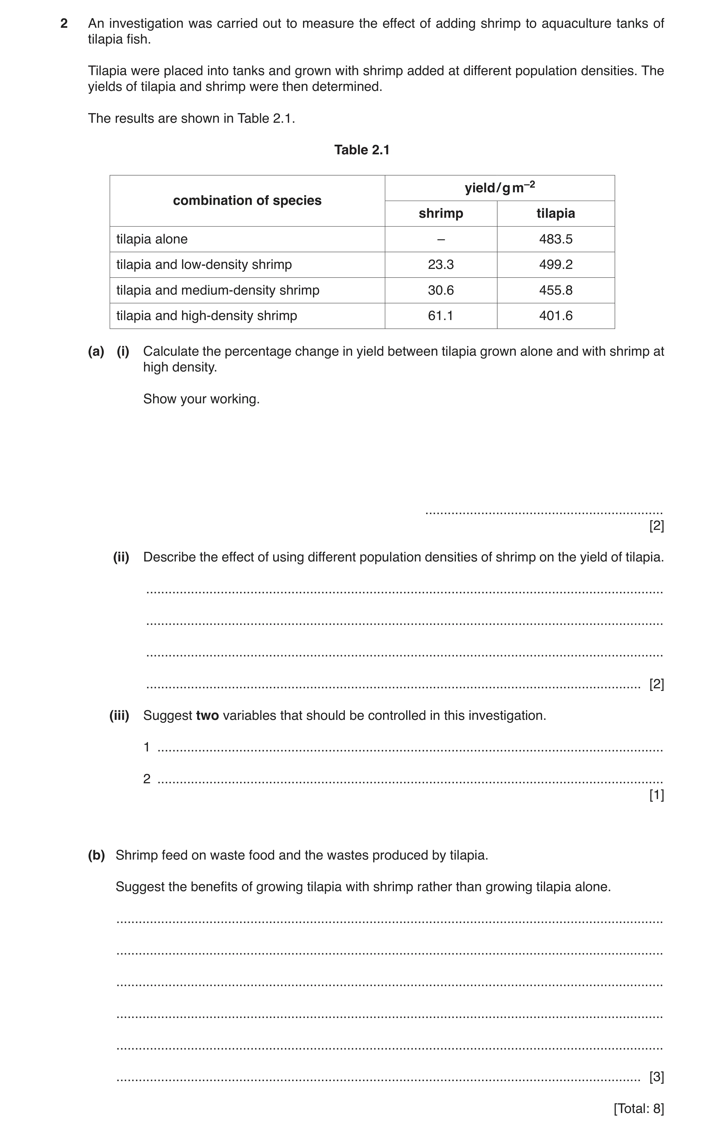 Question 6: An investigation was carried out to measure the effect of adding shrimp to aquaculture tanks of tilapia fish. Tilapia were placed into tank…