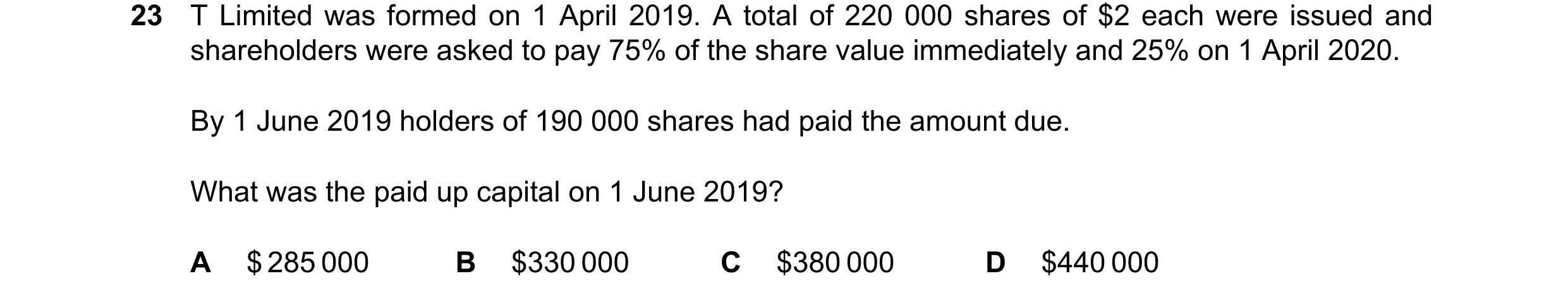 Question 25: T Limited was formed on 1 April 2019. A total of 220 000 shares of $2 each were issued and shareholders were asked to pay 75% of the share …