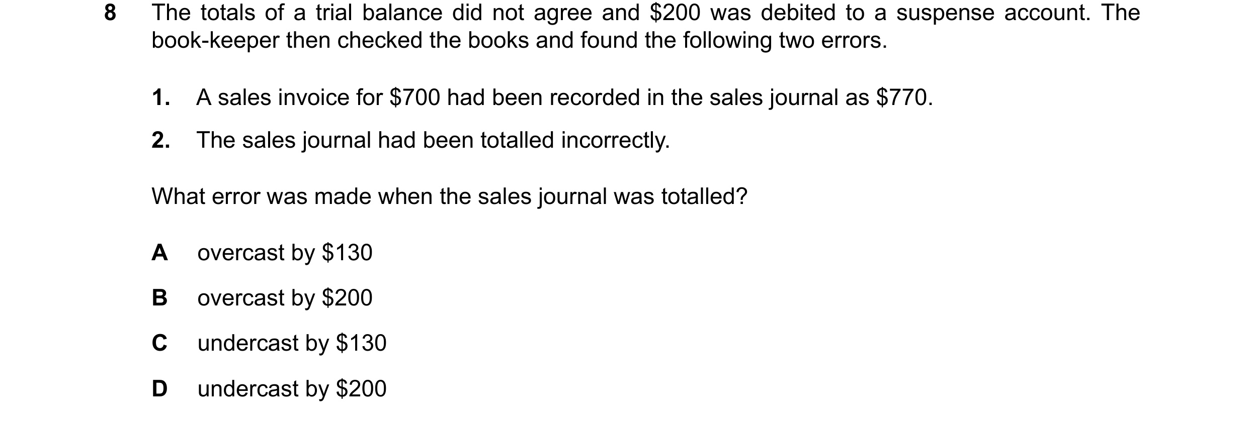 Question 11: The totals of a trial balance did not agree and $200 was debited to a suspense account. The book-keeper then checked the books and found th…