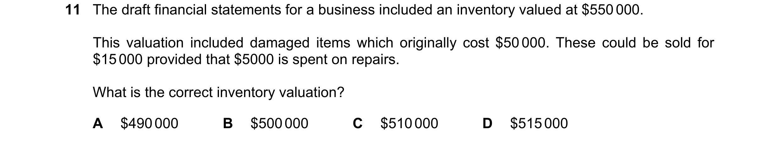 Question 589: The draft financial statements for a business included an inventory valued at $550 000. This valuation included damaged items which origina…