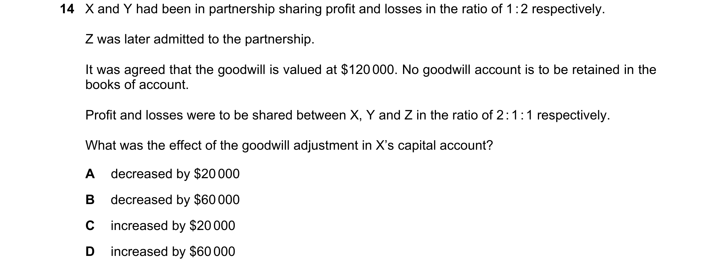 Question 44: X and Y had been in partnership sharing profit and losses in the ratio of 1 : 2 respectively. Z was later admitted to the partnership. It w…