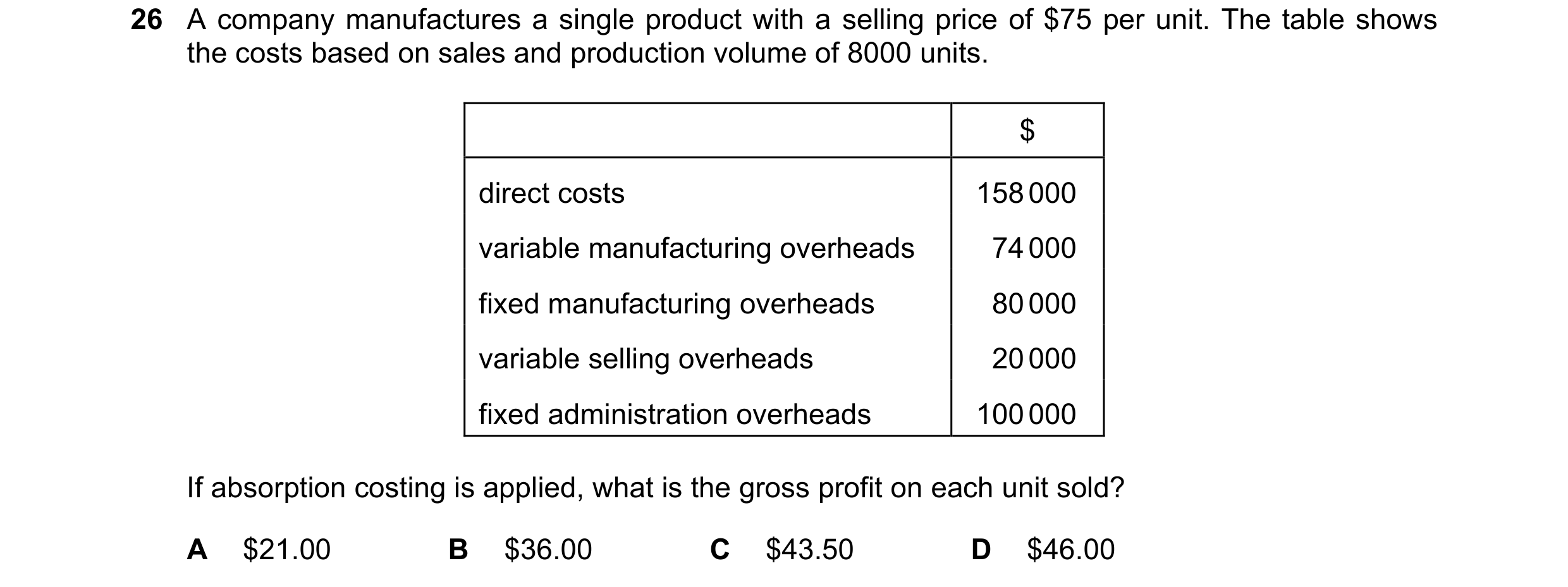 Question 331: A company manufactures a single product with a selling price of $75 per unit. The table shows the costs based on sales and production volum…
