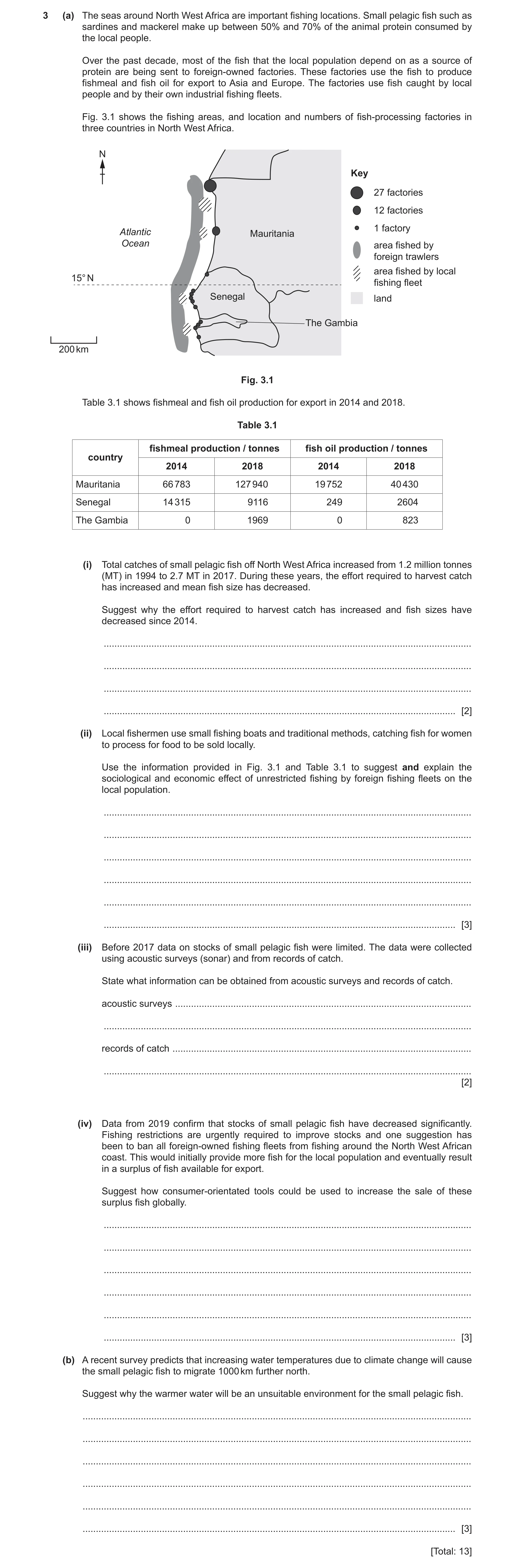Question 15: (a) The seas around North West Africa are important fishing locations. Small pelagic fish such as sardines and mackerel make up between 50%…