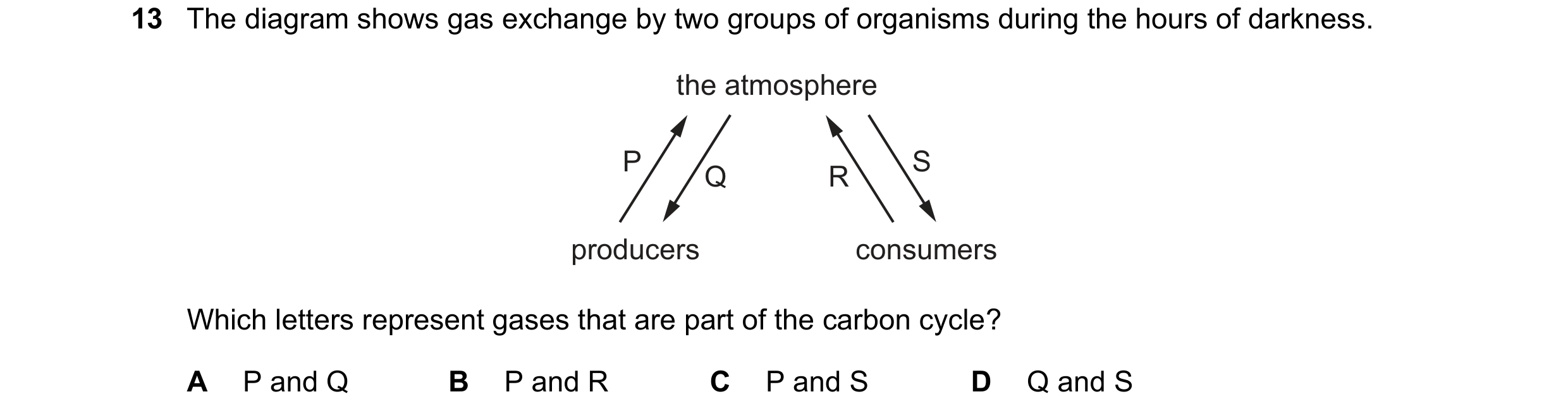 Question 55: The diagram shows gas exchange by two groups of organisms during the hours of darkness. the atmosphere P S Q R producers consumers Which le…