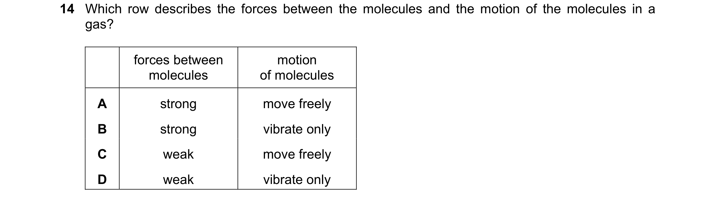 Question 86: Which row describes the forces between the molecules and the motion of the molecules in a gas? forces between motion molecules of molecules…