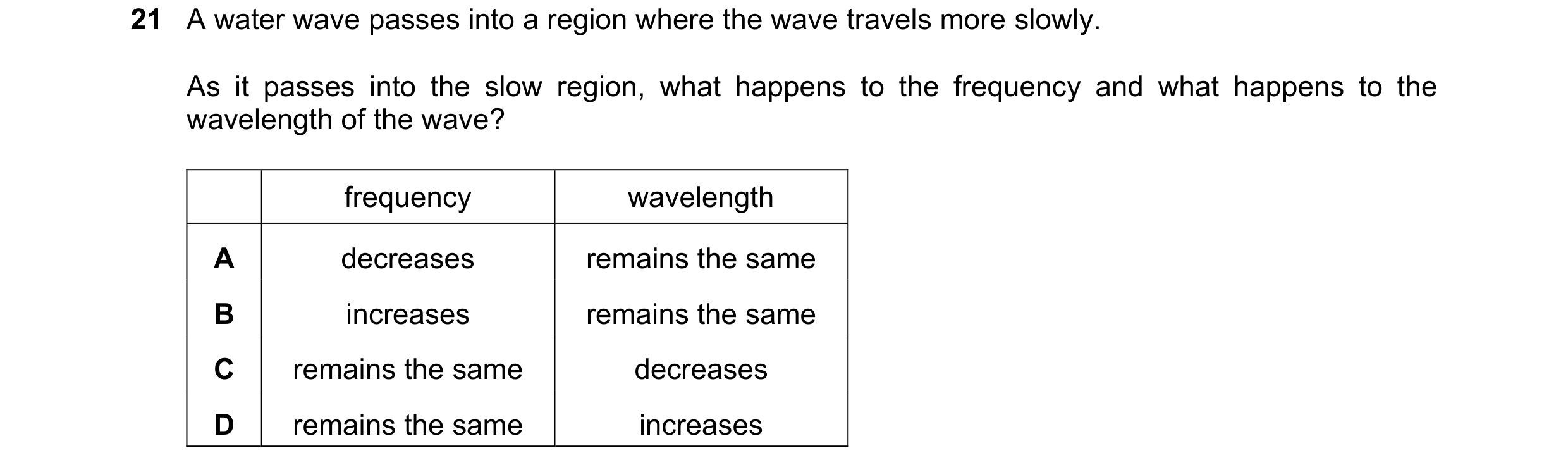 Question 74: A water wave passes into a region where the wave travels more slowly. As it passes into the slow region, what happens to the frequency and …