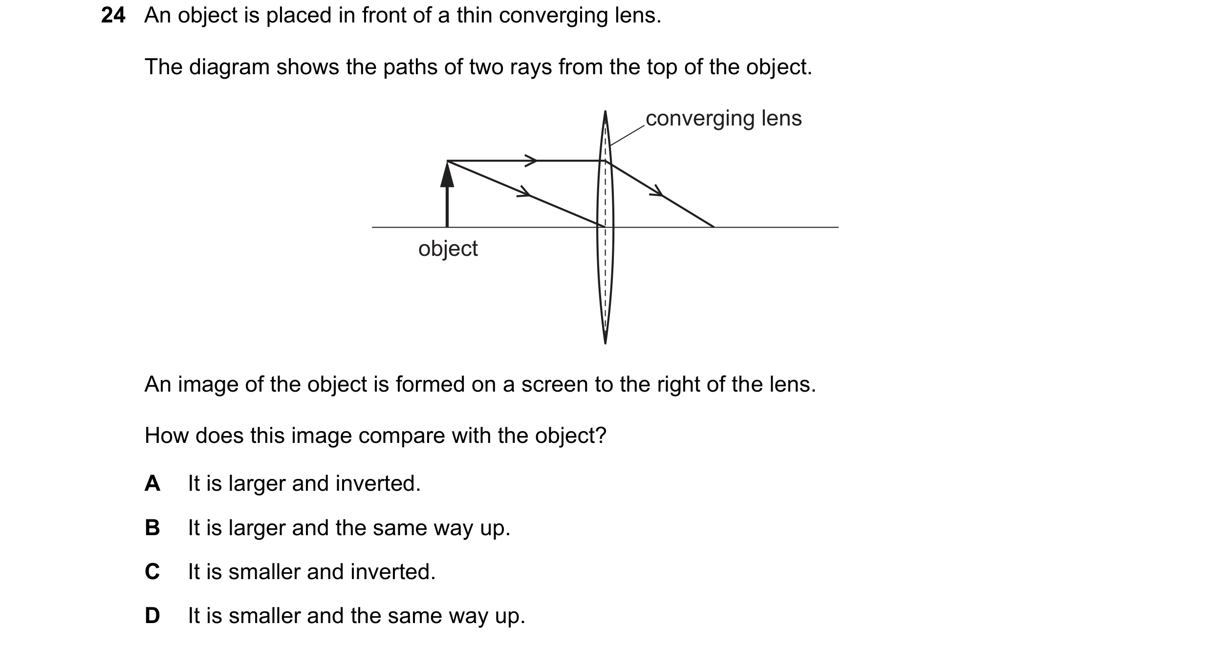 Question 90: An object is placed in front of a thin converging lens. The diagram shows the paths of two rays from the top of the object. converging lens…