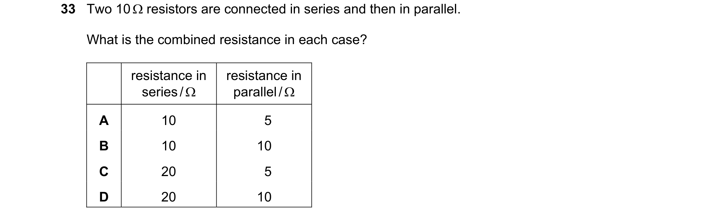 Question 181: Two 10 resistors are connected in series and then in parallel. What is the combined resistance in each case? resistance in resistance in …