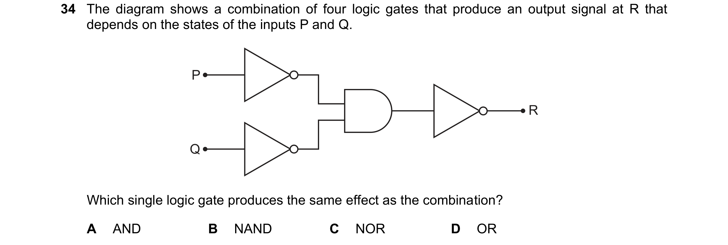 Question 182: The diagram shows a combination of four logic gates that produce an output signal at R that depends on the states of the inputs P and Q. P …