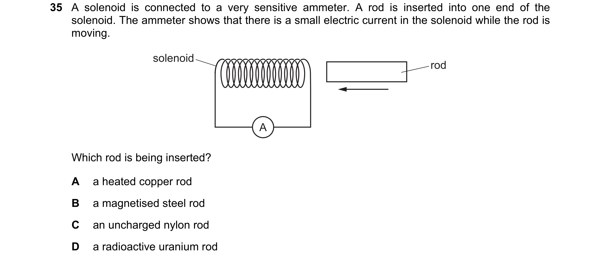 Question 96: A solenoid is connected to a very sensitive ammeter. A rod is inserted into one end of the solenoid. The ammeter shows that there is a smal…