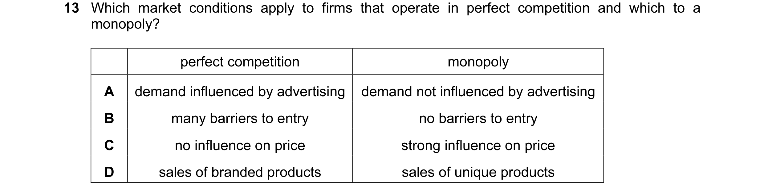 Question 26: Which market conditions apply to firms that operate in perfect competition and which to a monopoly? perfect competition monopoly A demand i…