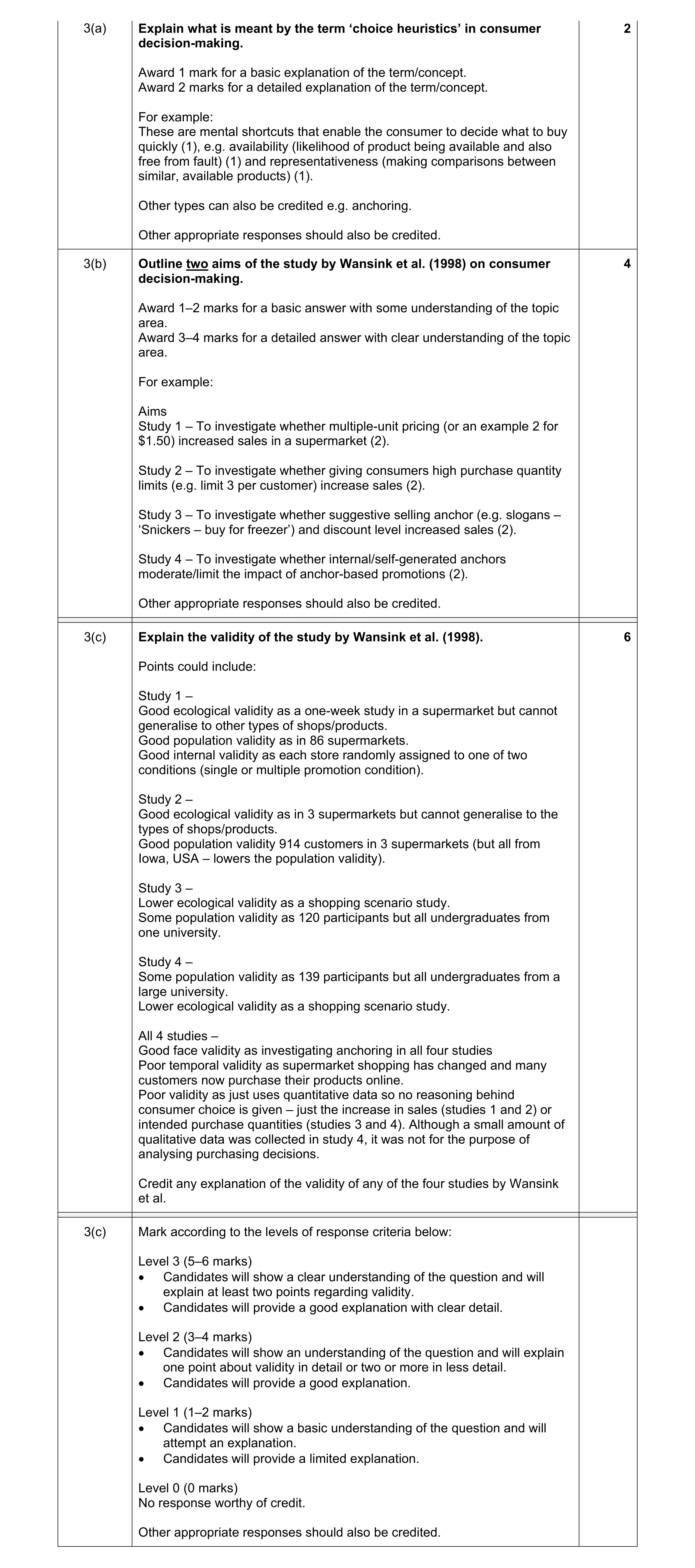 Mark scheme for question 8