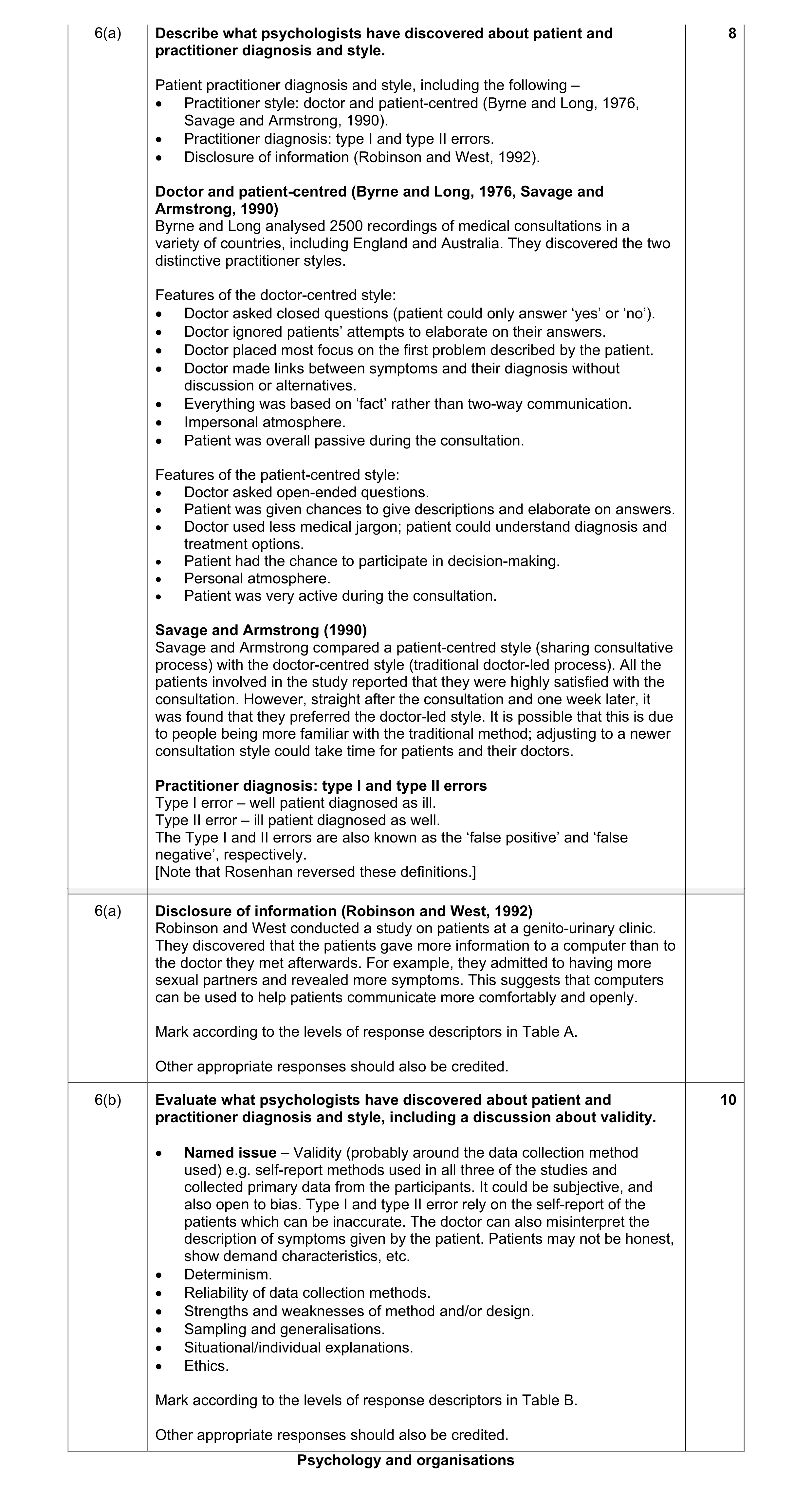 Mark scheme for question 9