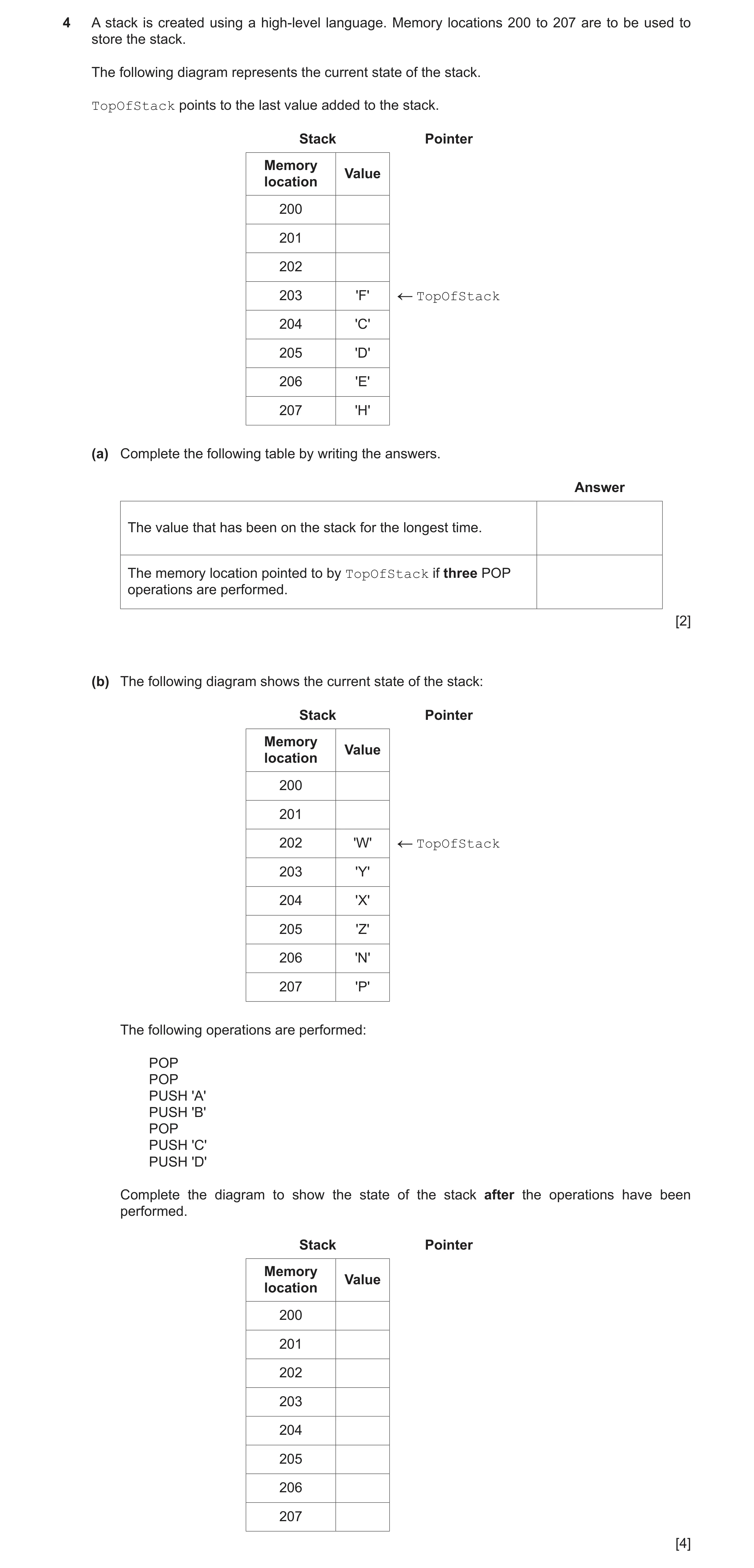 Question 6: A stack is created using a high-level language. Memory locations 200 to 207 are to be used to store the stack. The following diagram repres…