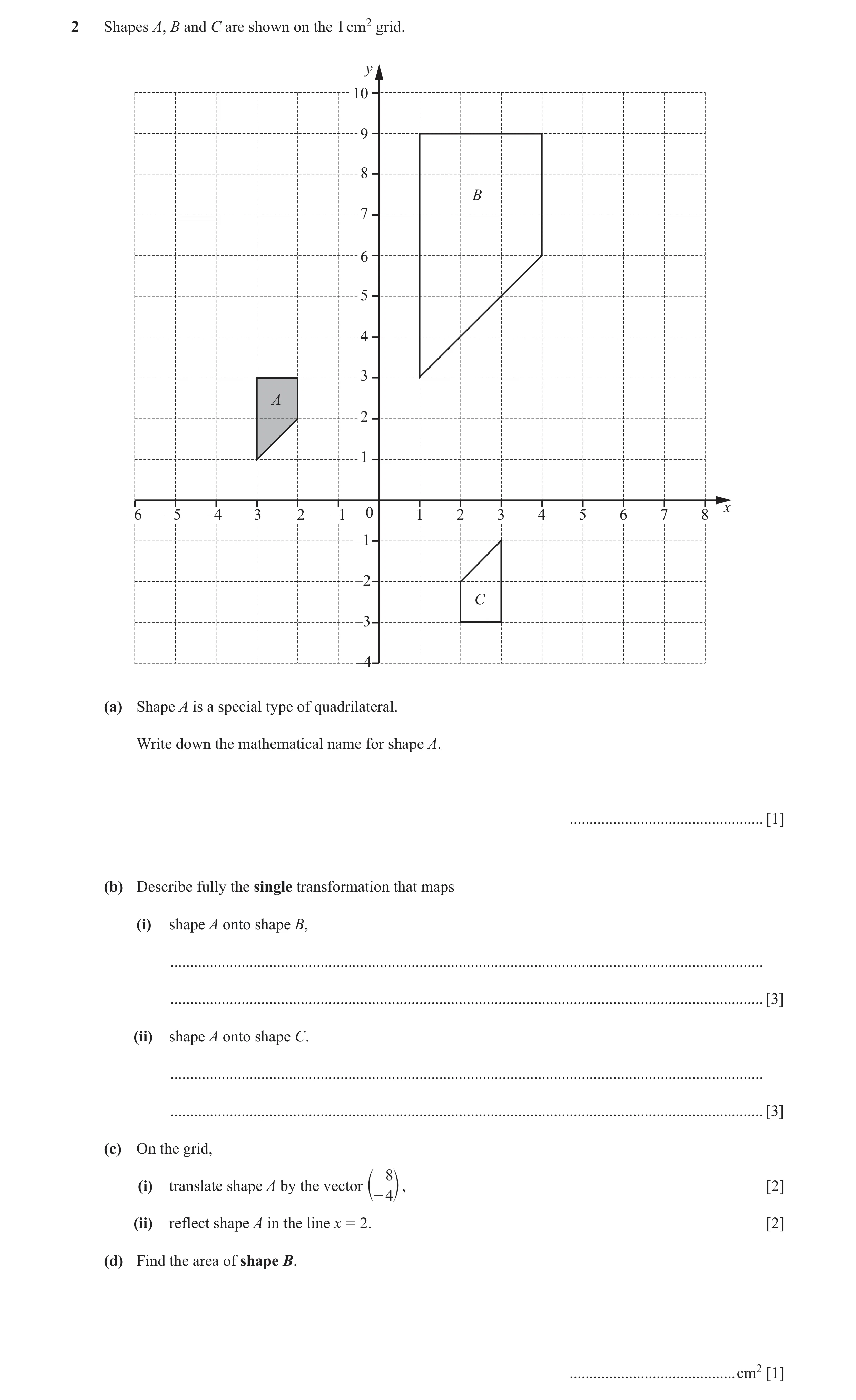Question 54: Shapes A, B and C are shown on the 1 cm2 grid. y 10 9 8 B 7 6 5 4 3 A 2 1 x –6 –5 –4 –3 –2 –1 0 1 2 3 4 5 6 7 8 –1 –2 C –3 –4 (a) Shape A i…