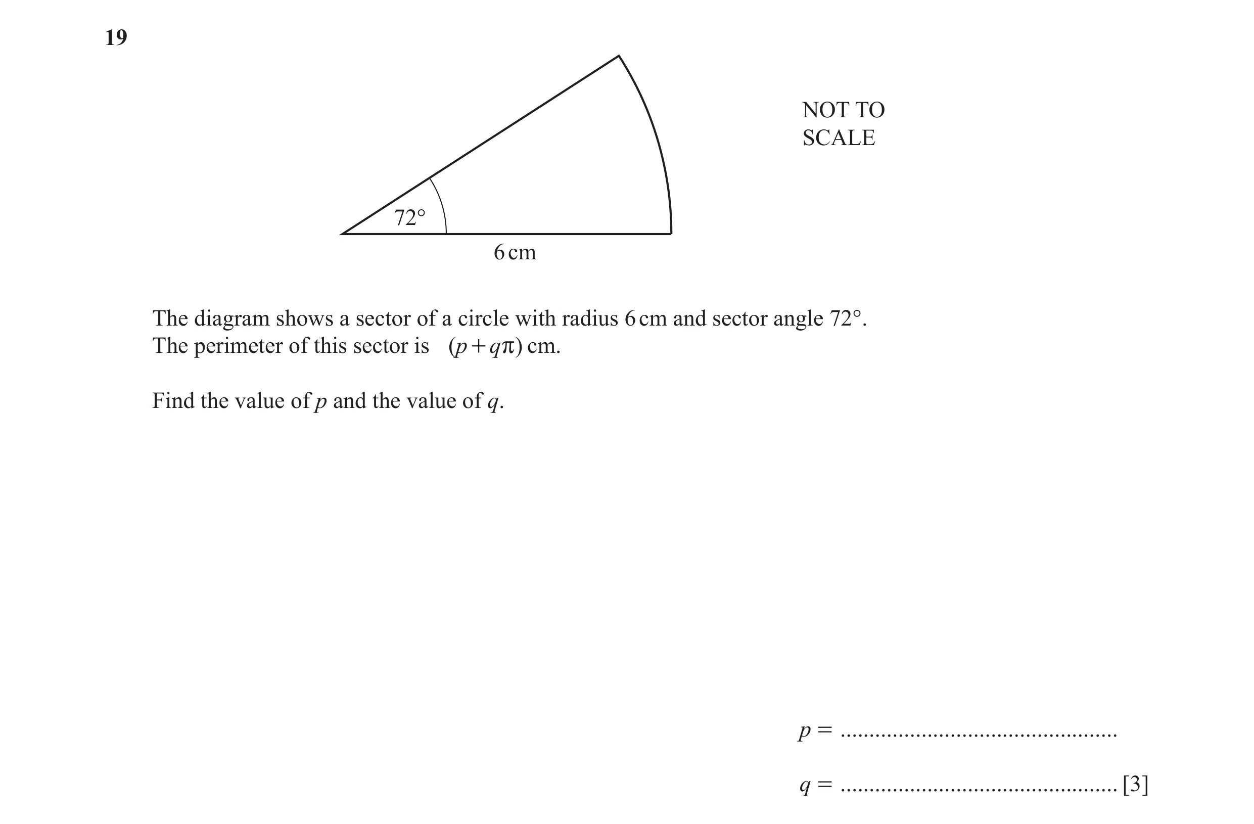 Question 31: NOT TO SCALE 72° 6 cm The diagram shows a sector of a circle with radius 6 cm and sector angle 72°. The perimeter of this sector is (p + qr…