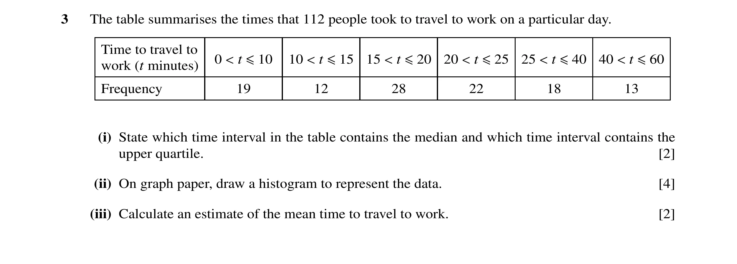 Question 27: The table summarises the times that 112 people took to travel to work on a particular day. Time to travel to 0 < t ≤10 10 < t ≤15 15 < t ≤2…