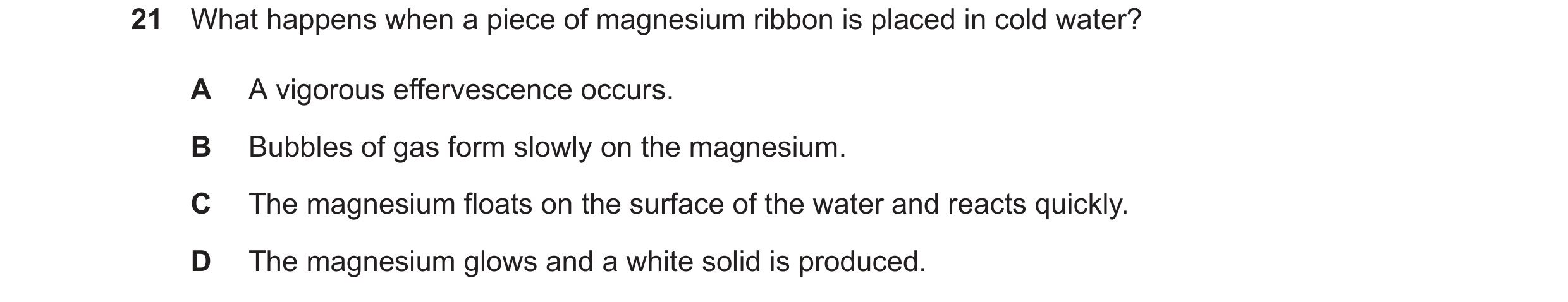 Question 224: What happens when a piece of magnesium ribbon is placed in cold water? A A vigorous effervescence occurs. B Bubbles of gas form slowly on t…