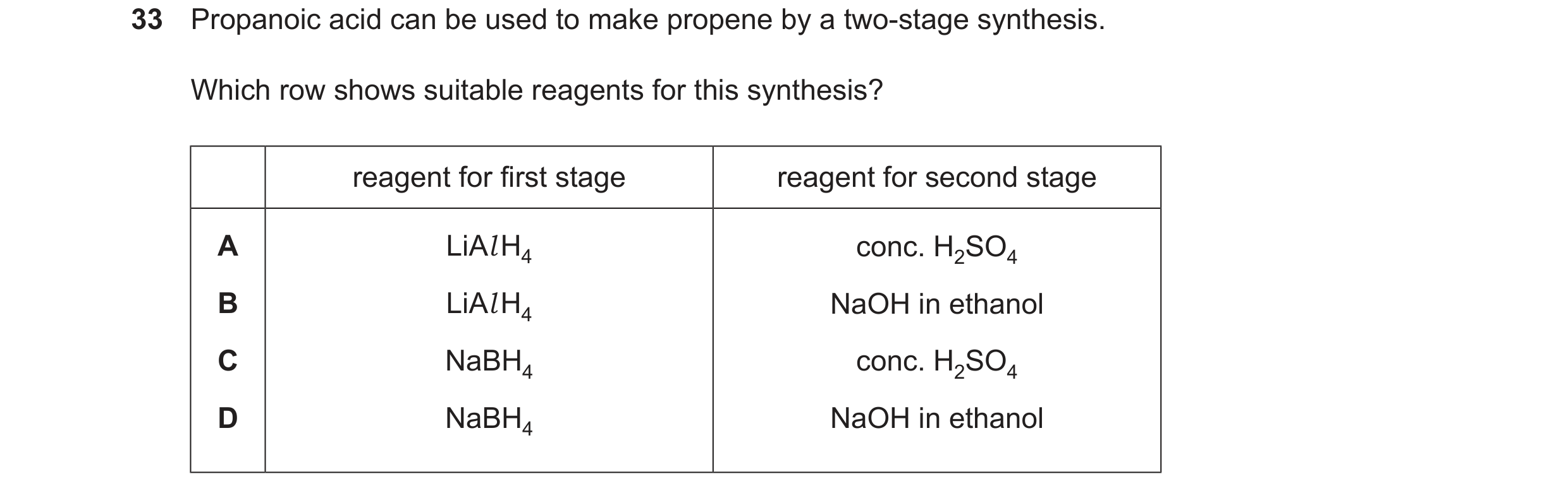 Question 329: Propanoic acid can be used to make propene by a two-stage synthesis. Which row shows suitable reagents for this synthesis? reagent for firs…