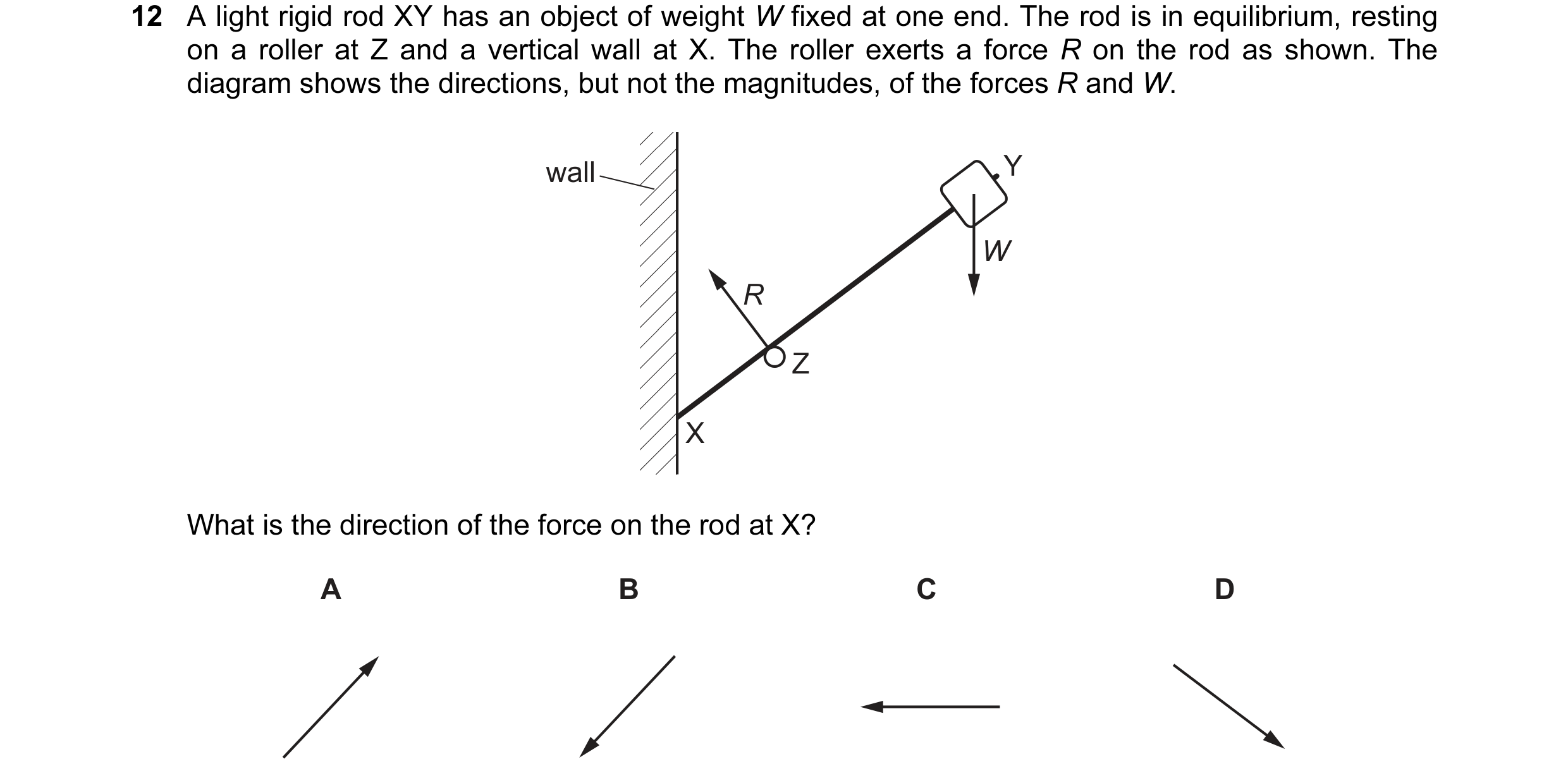 Question 62: A light rigid rod XY has an object of weight W fixed at one end. The rod is in equilibrium, resting on a roller at Z and a vertical wall at…