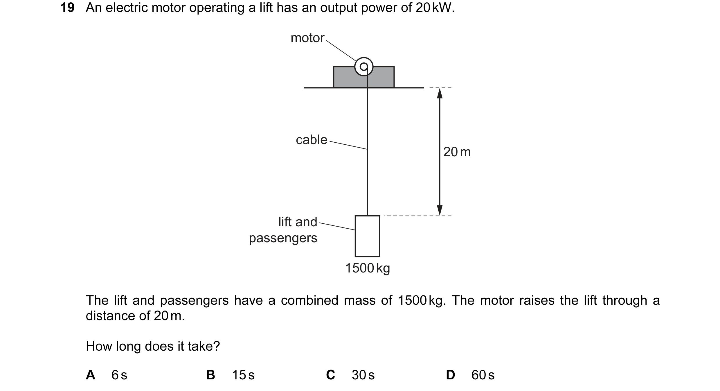 Question 107: An electric motor operating a lift has an output power of 20 kW. motor cable 20 m lift and passengers 1500 kg The lift and passengers have …
