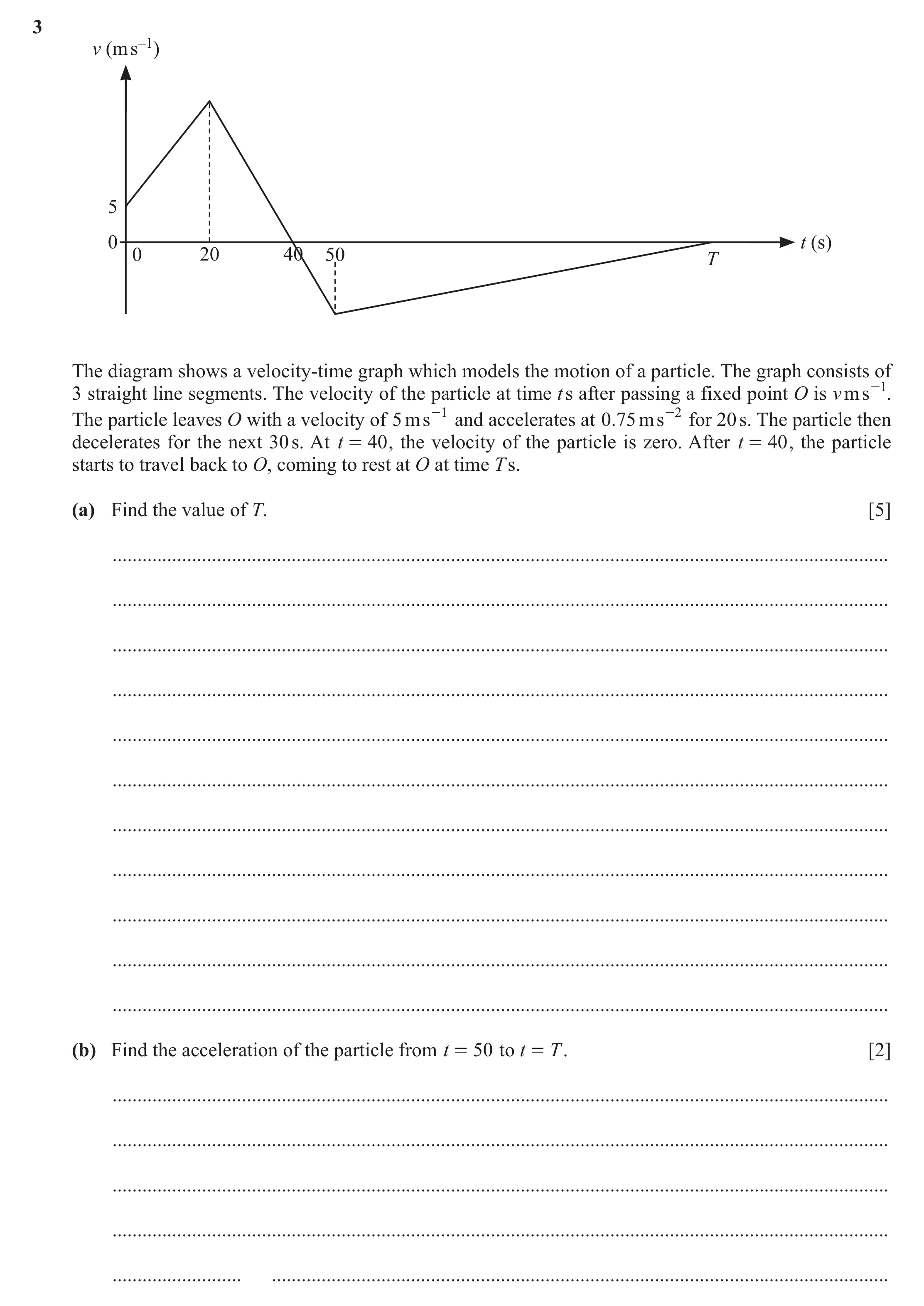 Question 357: v (m s–1) 5 0 t (s) 0 20 40 50 T The diagram shows a velocity-time graph which models the motion of a particle. The graph consists of 3 str…