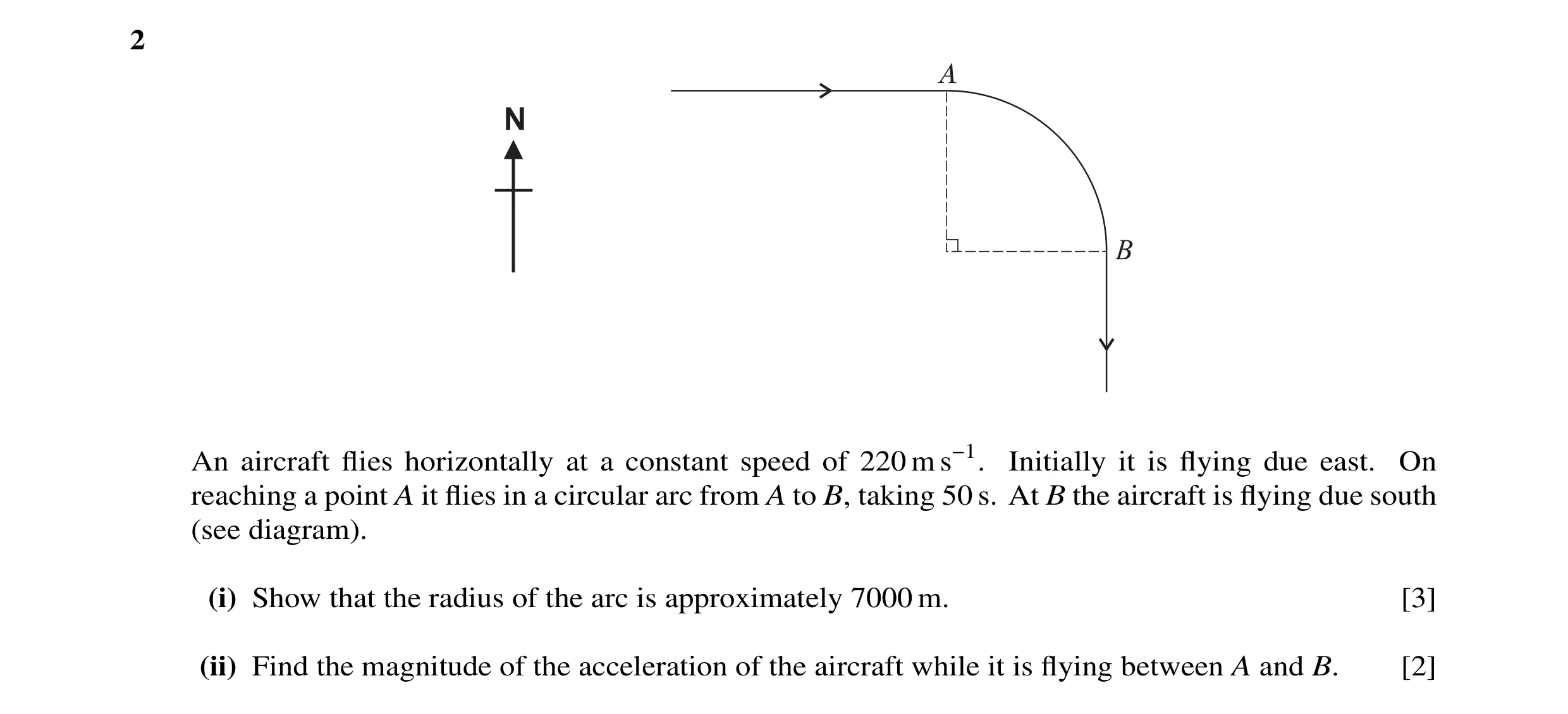 Question 4: An aircraft ﬂies horizontally at a constant speed of 220 m s−1. Initially it is ﬂying due east. On reaching a point A it ﬂies in a circular…