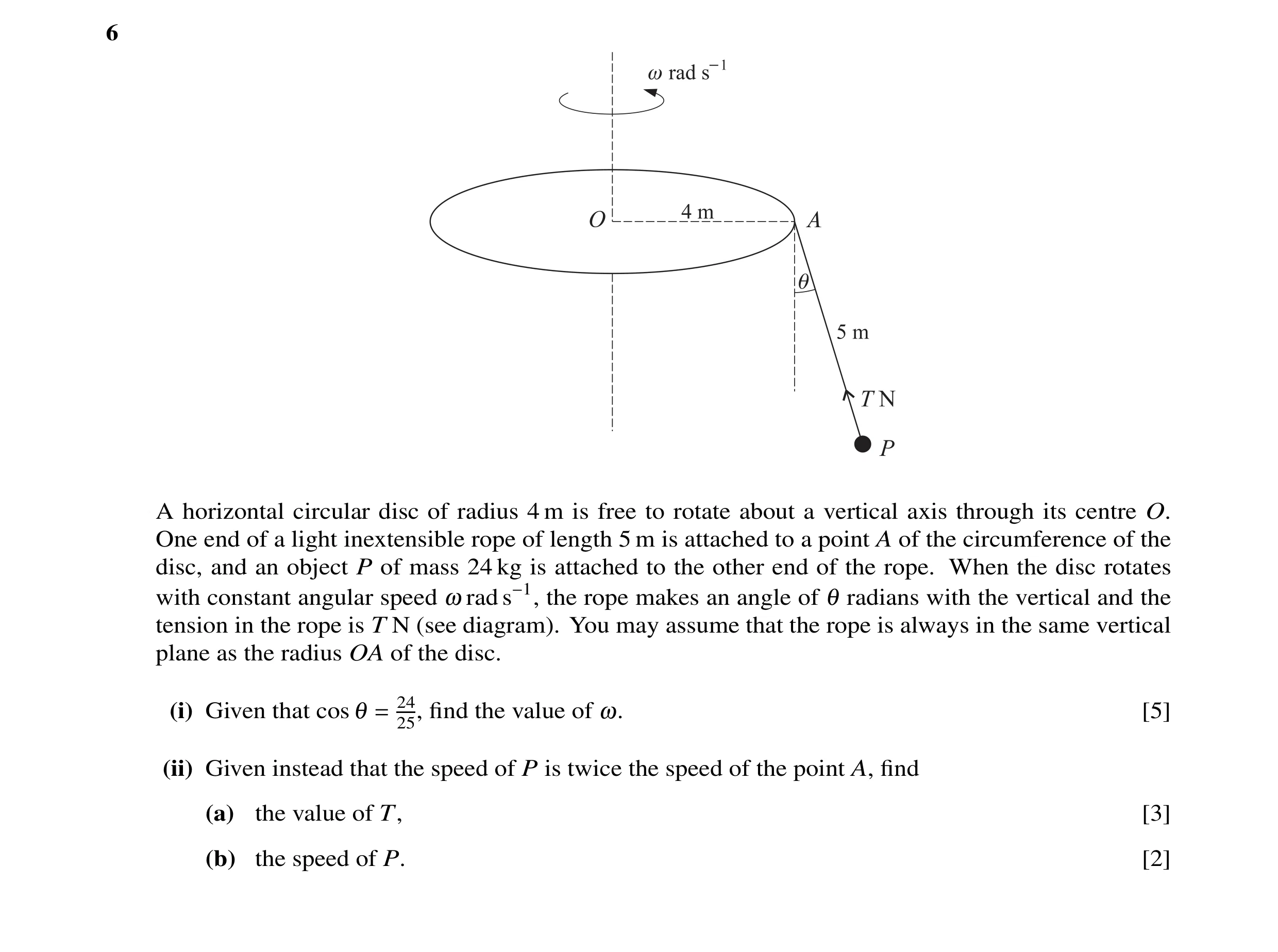 Question 8: A horizontal circular disc of radius 4 m is free to rotate about a vertical axis through its centre O. One end of a light inextensible rope…