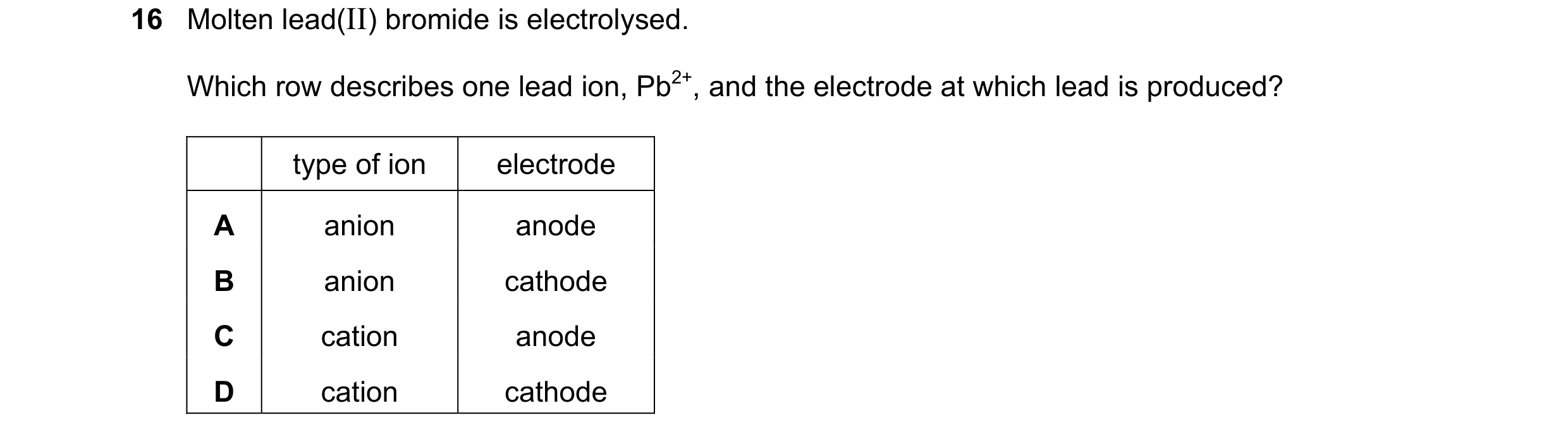 Question 49: Molten lead(II) bromide is electrolysed. Which row describes one lead ion, Pb2+, and the electrode at which lead is produced? type of ion e…