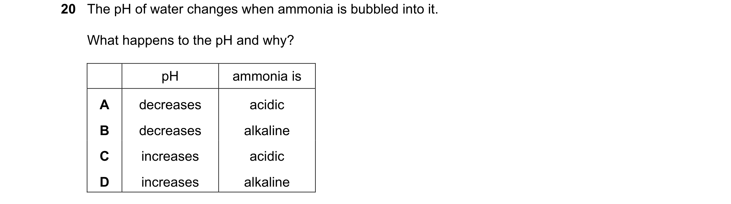 Question 47: The pH of water changes when ammonia is bubbled into it. What happens to the pH and why? pH ammonia is A decreases acidic B decreases alkal…