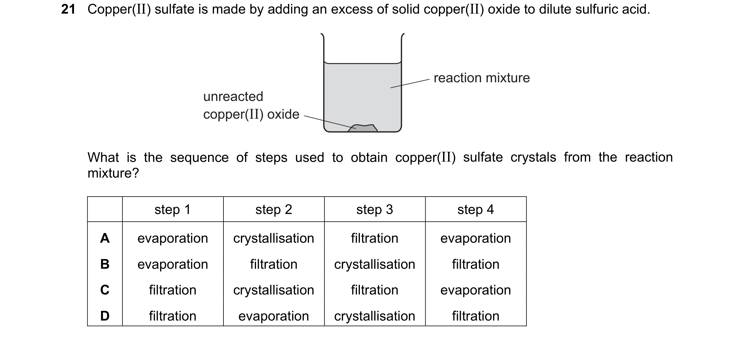 Question 21: Copper(II) sulfate is made by adding an excess of solid copper(II) oxide to dilute sulfuric acid. reaction mixture unreacted copper(II) oxi…