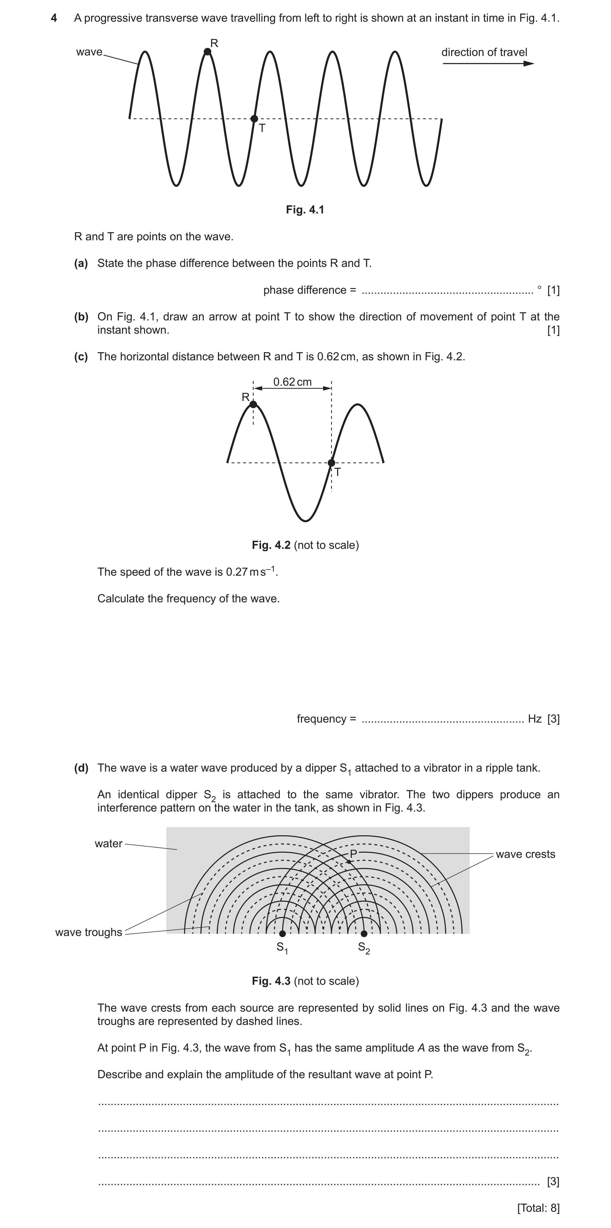 Question 16: A progressive transverse wave travelling from left to right is shown at an instant in time in Fig. 4.1. R wave direction of travel T Fig. 4…