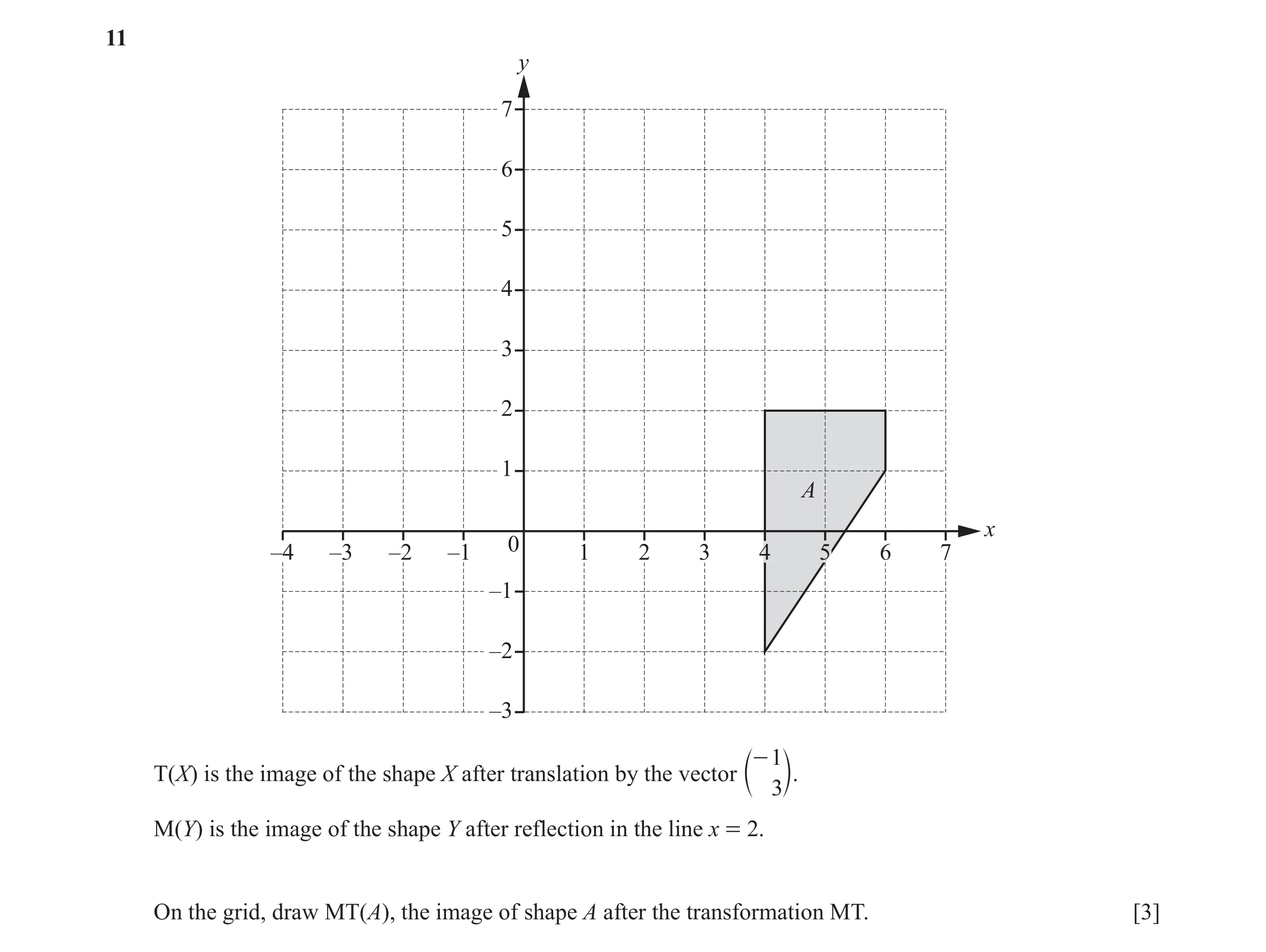 Question 14: y 7 6 5 4 3 2 1 A x 0 –4 –3 –2 –1 1 2 3 4 5 6 7 –1 –2 –3 - 1 T(X) is the image of the shape X after translation by the vector c 3m. M(Y) is…