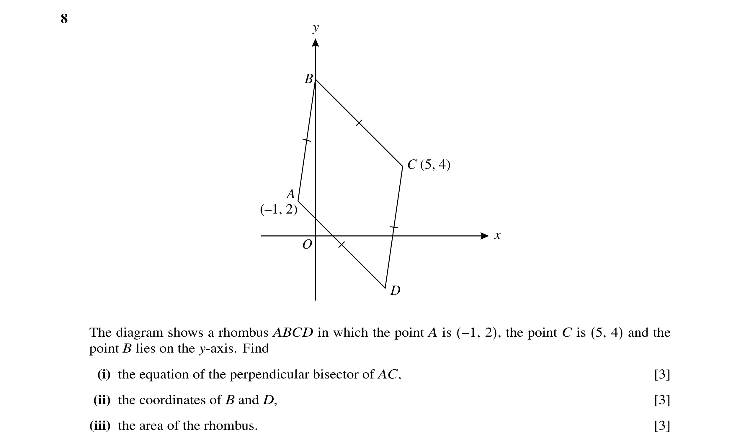 Question 7: y B C (5, 4) A (–1, 2) x O D The diagram shows a rhombus ABCD in which the point A is (−1, 2), the point C is (5, 4) and the point B lies o…