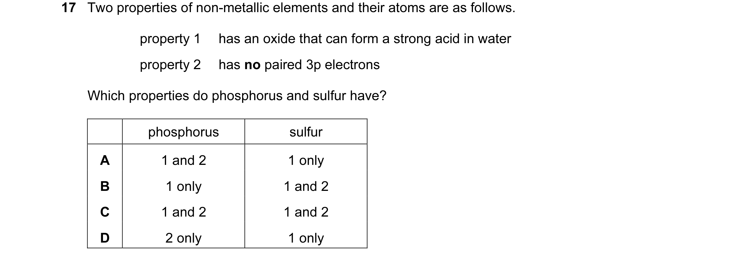Question 10: Two properties of non-metallic elements and their atoms are as follows. property 1 has an oxide that can form a strong acid in water proper…