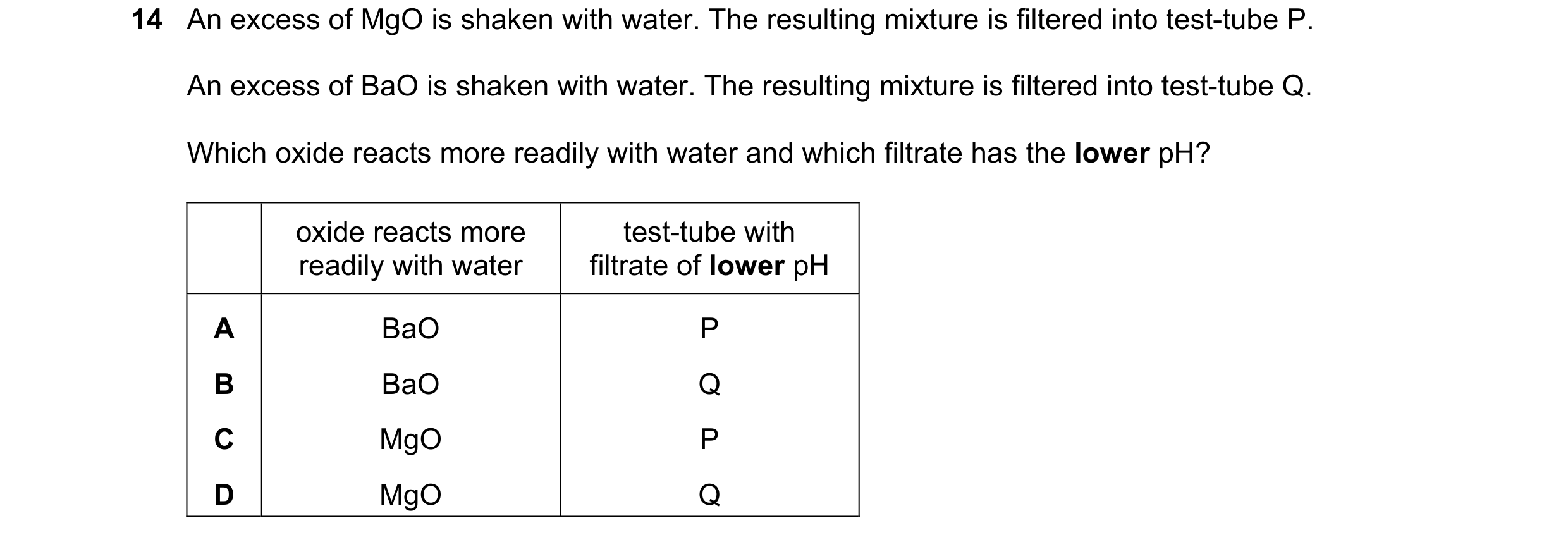 Question 171: An excess of MgO is shaken with water. The resulting mixture is filtered into test-tube P. An excess of BaO is shaken with water. The resul…