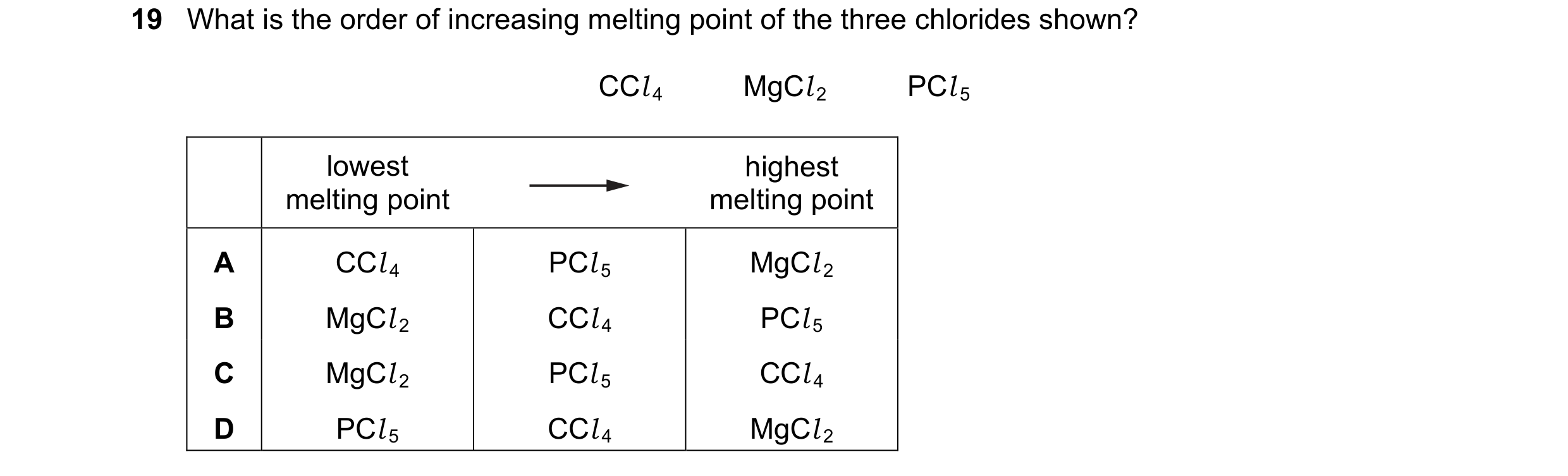 Question 99: What is the order of increasing melting point of the three chlorides shown? CCl 4          MgCl 2          PCl 5 lowest highest melting poi…