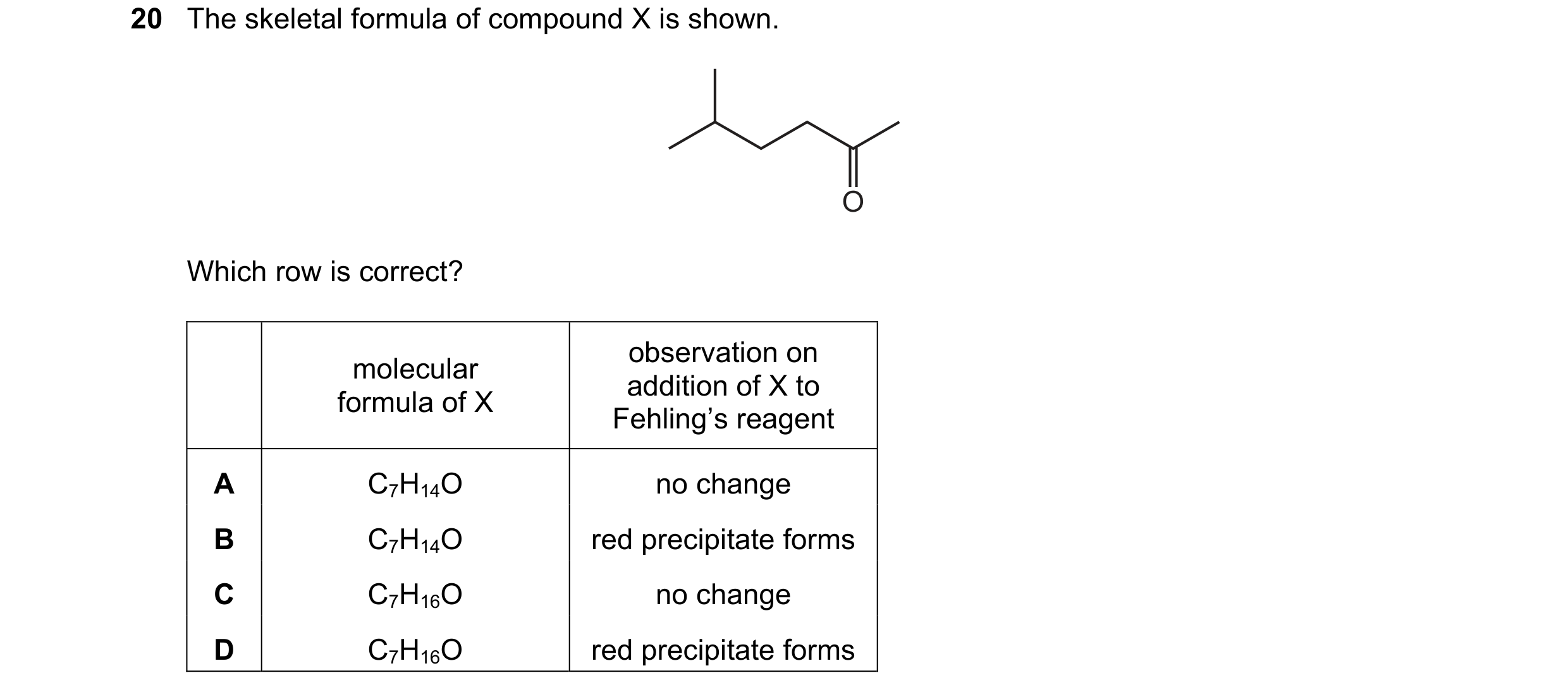 Question 212: The skeletal formula of compound X is shown. O Which row is correct? observation on molecular addition of X to formula of X Fehling’s reage…