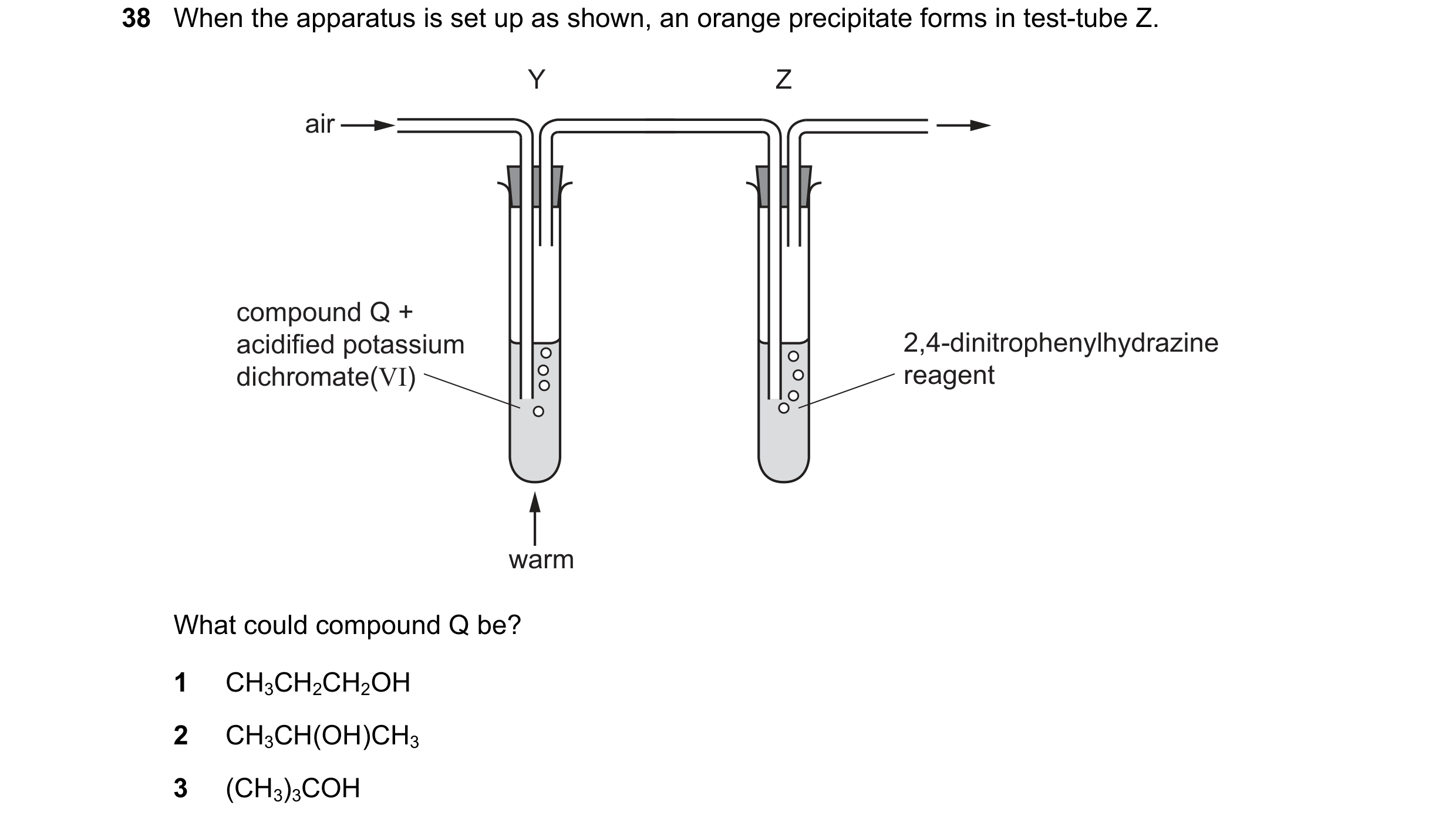 Question 251: When the apparatus is set up as shown, an orange precipitate forms in test-tube Z. Y Z air compound Q + acidified potassium 2,4-dinitrophen…