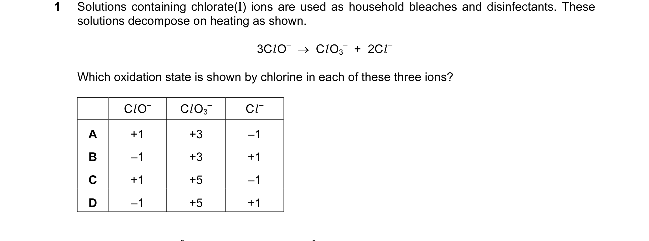 Question 93: Solutions containing chlorate(I) ions are used as household bleaches and disinfectants. These solutions decompose on heating as shown. 3Cl …