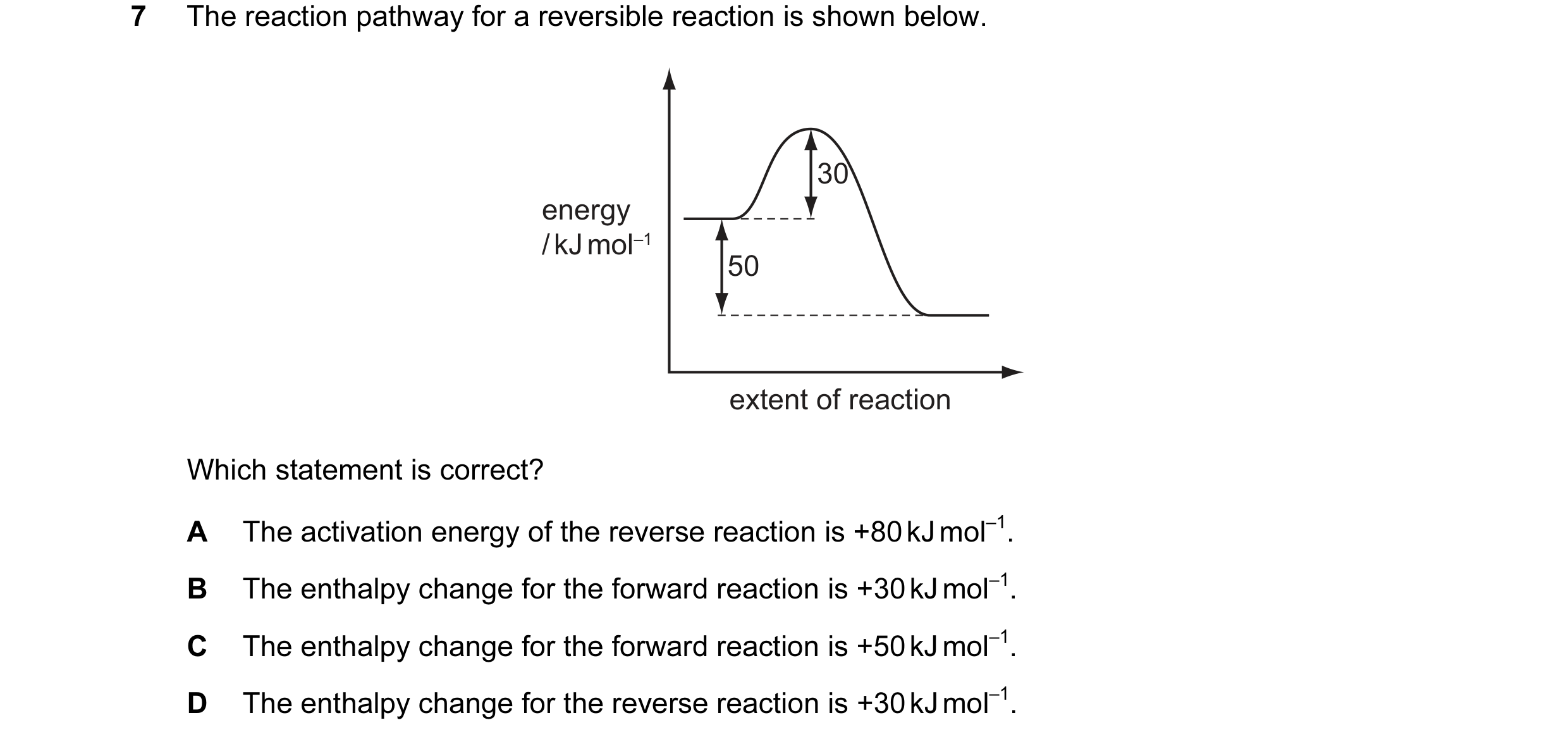 Question 37: The reaction pathway for a reversible reaction is shown below. 30 energy / kJ mol–1 50 extent of reaction Which statement is correct? A The…
