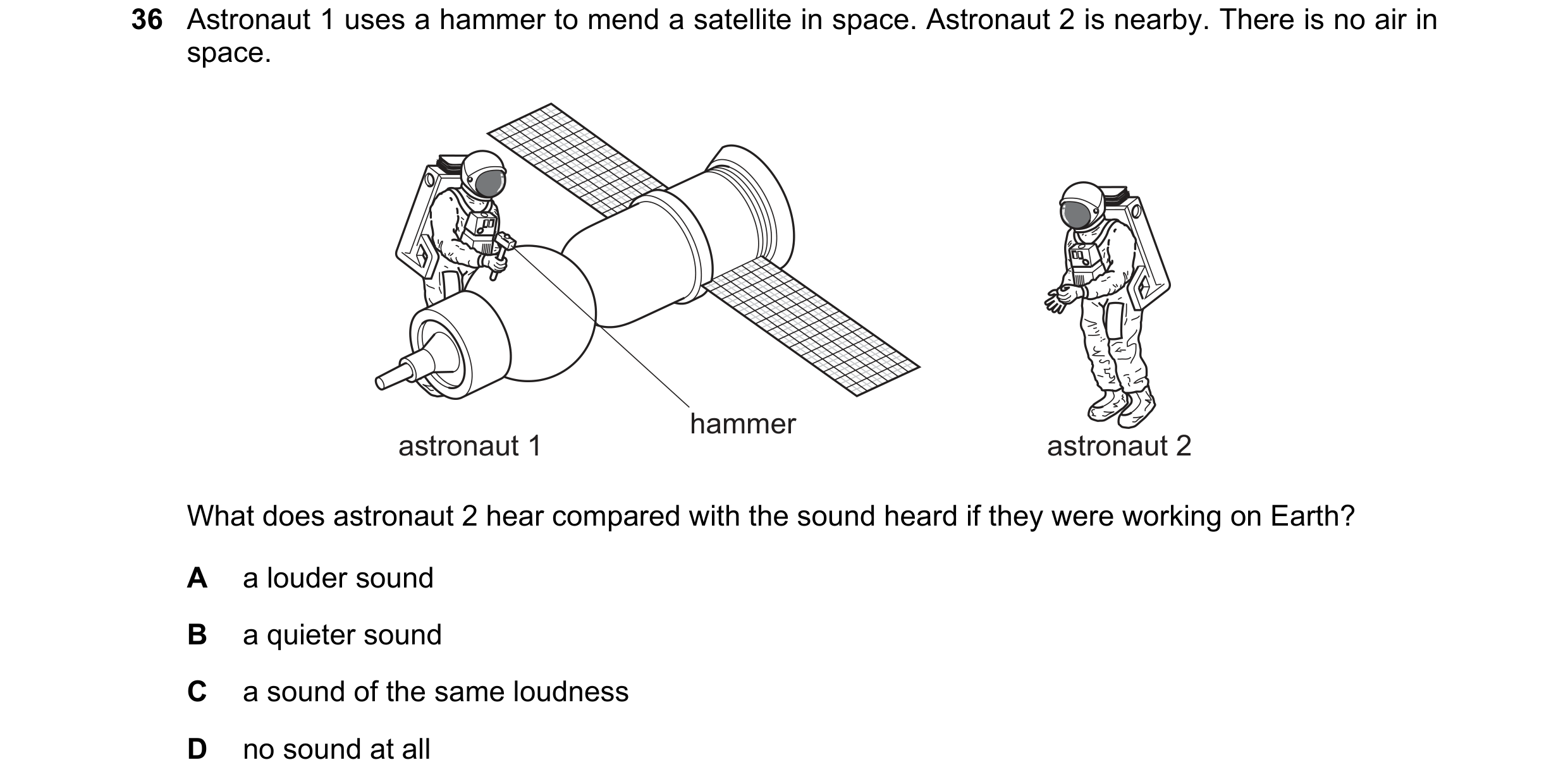 Question 1: Astronaut 1 uses a hammer to mend a satellite in space. Astronaut 2 is nearby. There is no air in space. hammer astronaut 1 astronaut 2 Wha…