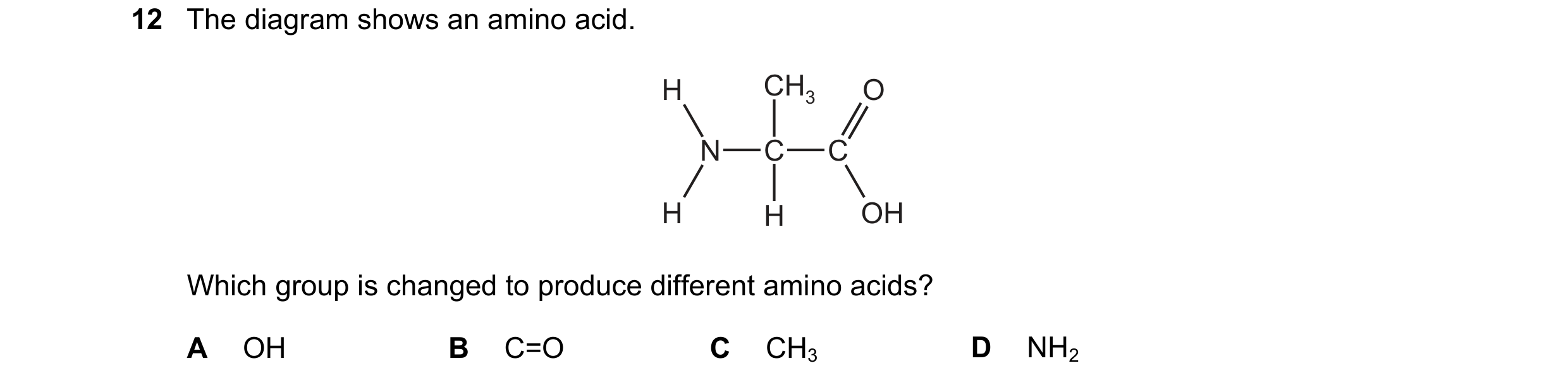 Question 189: The diagram shows an amino acid. H CH3 O N C C H H OH Which group is changed to produce different amino acids? A OH B C=O C CH3 D NH2