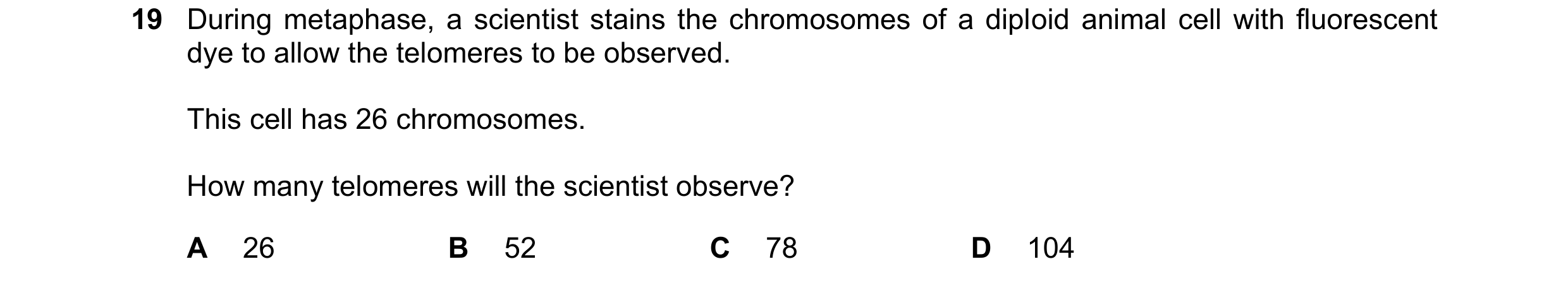 Question 94: During metaphase, a scientist stains the chromosomes of a diploid animal cell with fluorescent dye to allow the telomeres to be observed. T…