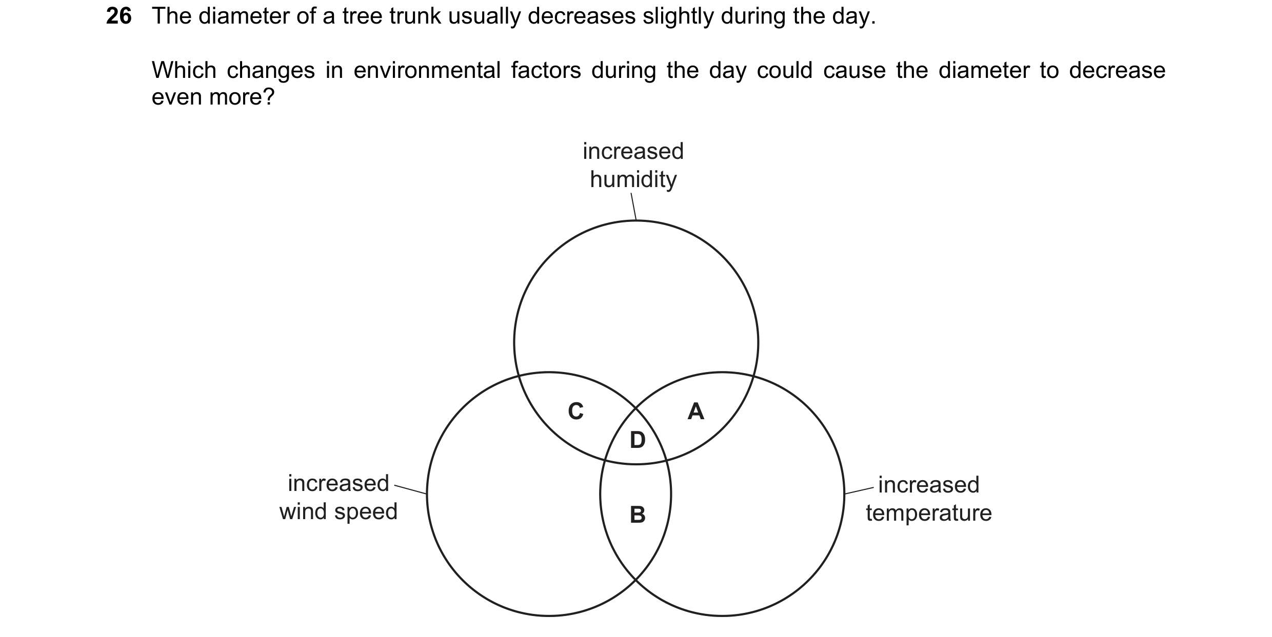 Question 252: The diameter of a tree trunk usually decreases slightly during the day. Which changes in environmental factors during the day could cause t…