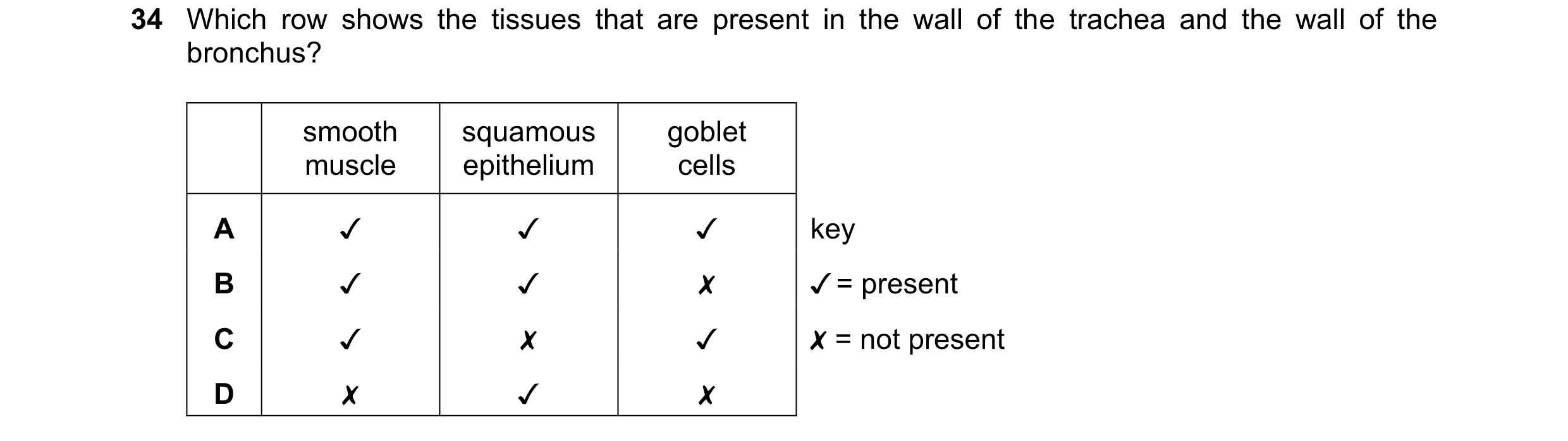 Question 205: Which row shows the tissues that are present in the wall of the trachea and the wall of the
bronchus?
smooth squamous goblet
muscle epithe…