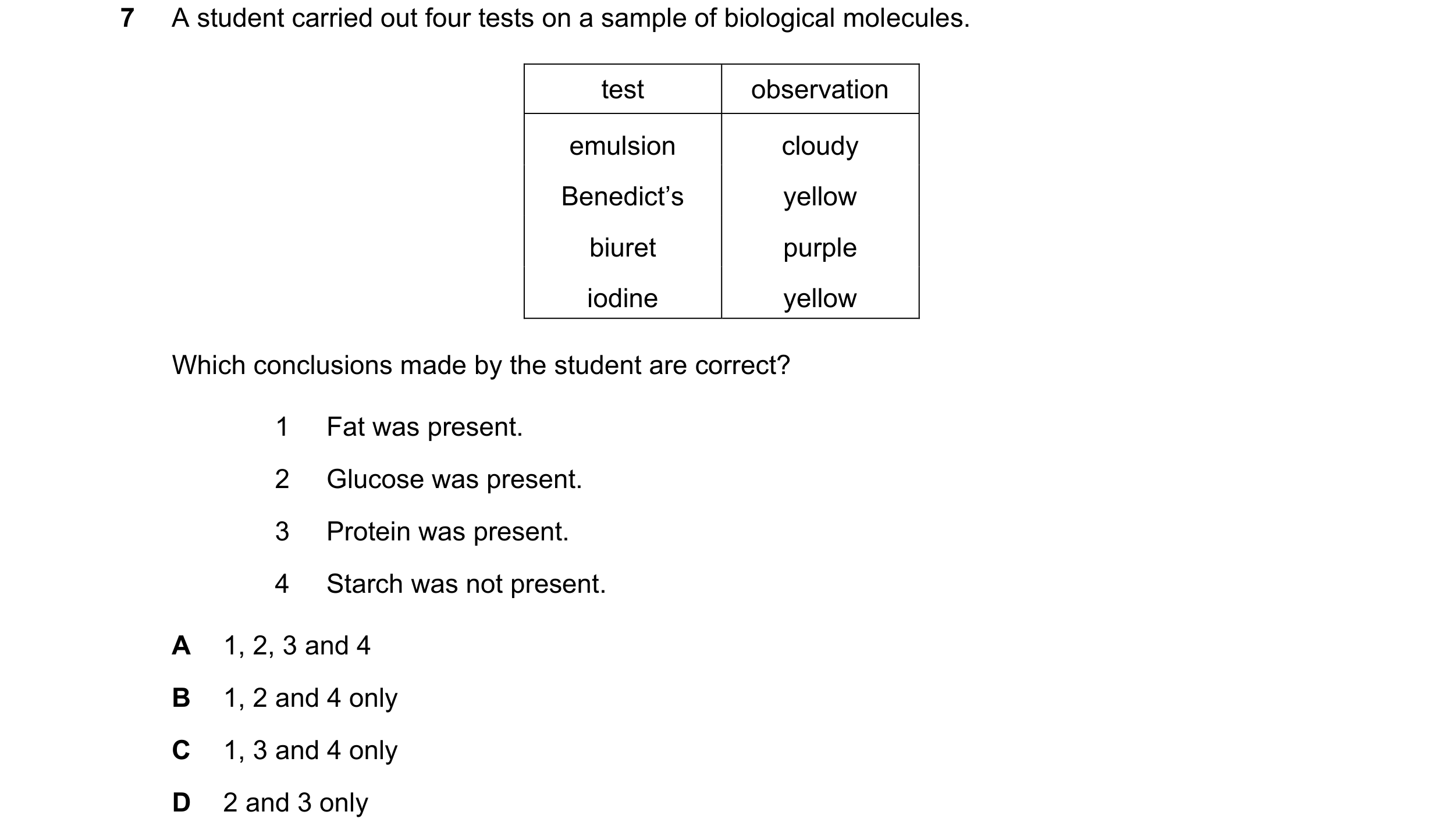 Question 74: A student carried out four tests on a sample of biological molecules. test observation emulsion cloudy Benedict’s yellow biuret purple iodi…